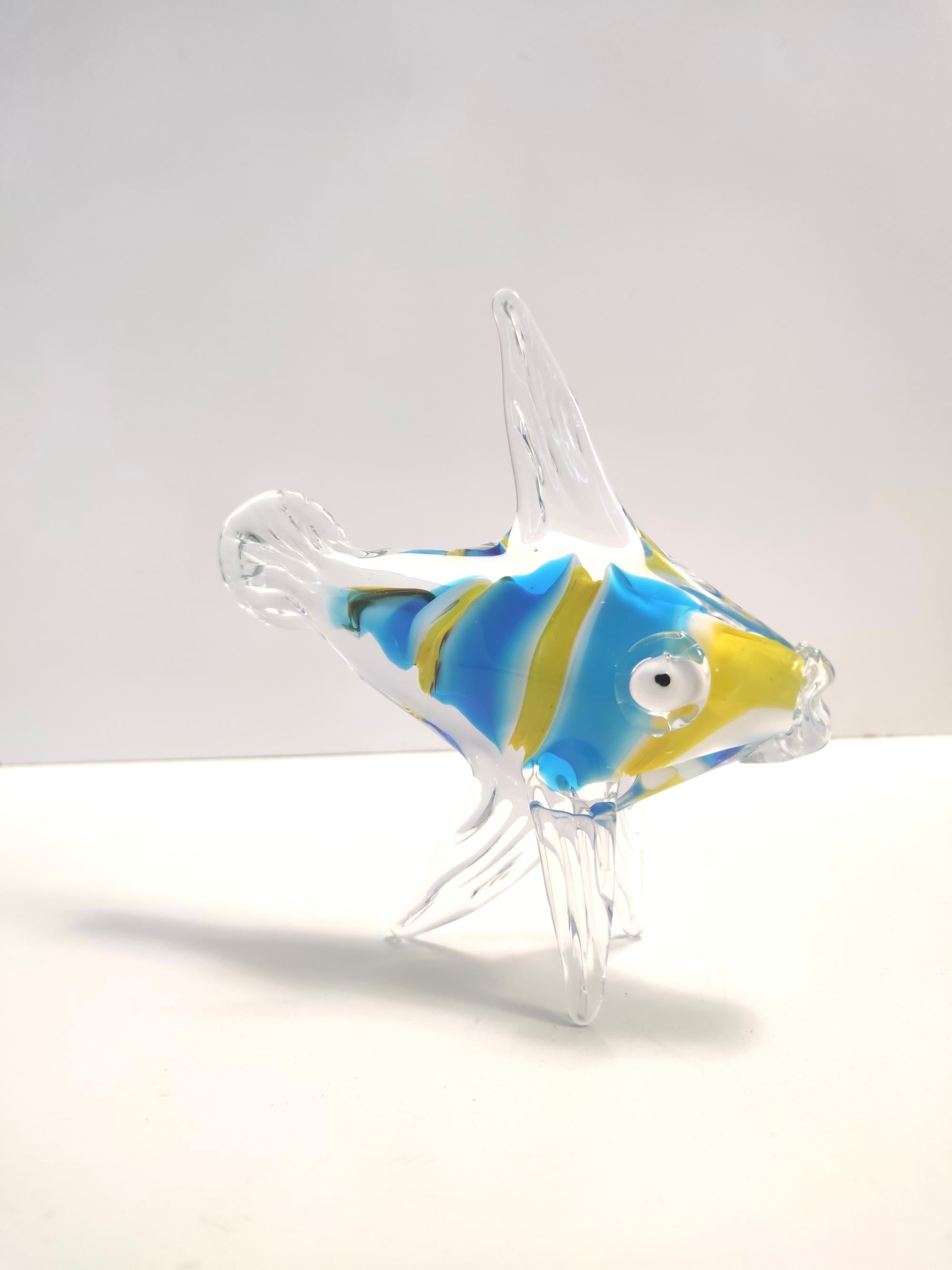 Italian Vintage Light Blue and Yellow Blown Murano Glass Fish Decorative Figurine, Italy For Sale
