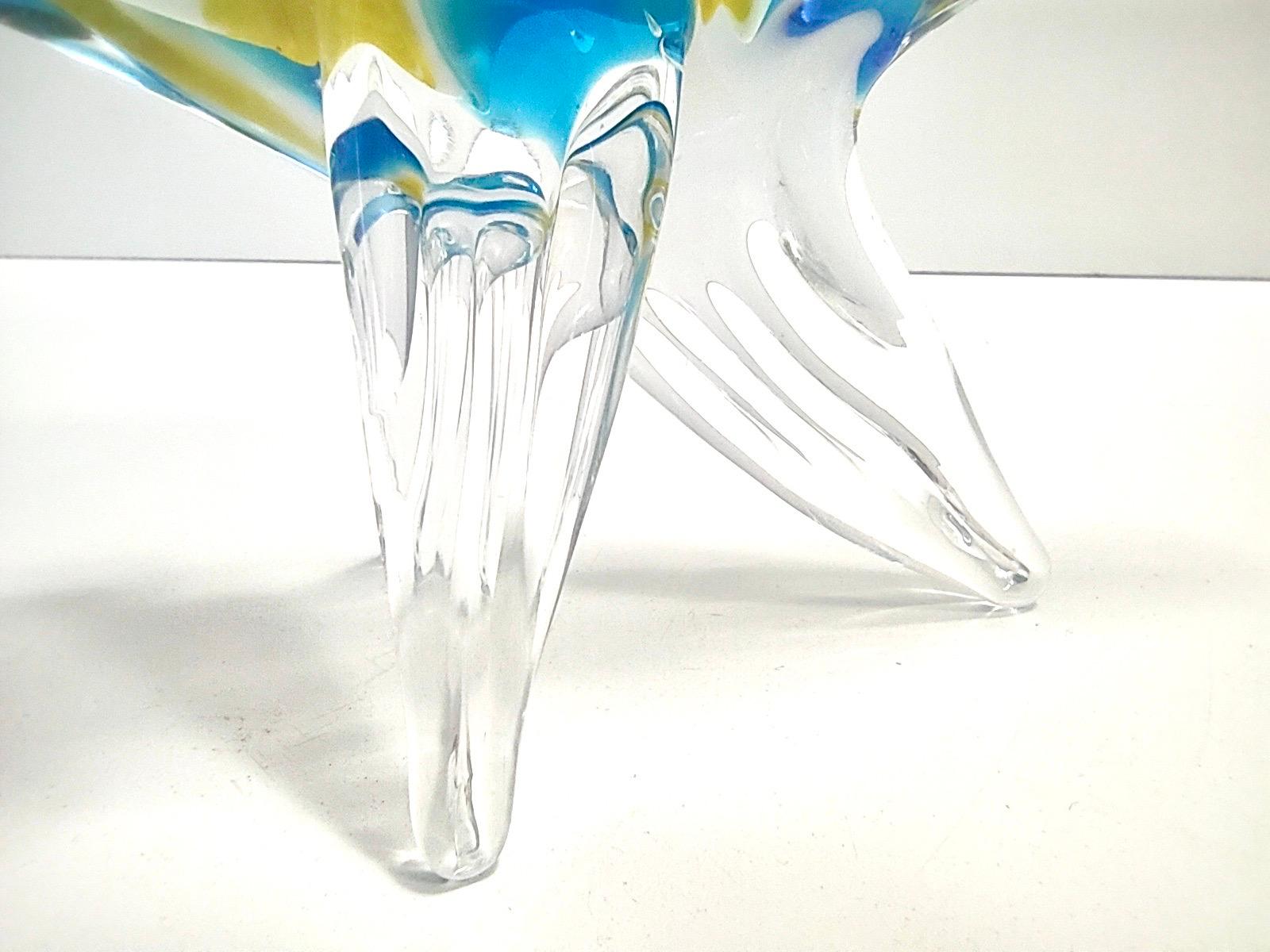 Vintage Light Blue and Yellow Blown Murano Glass Fish Decorative Figurine, Italy For Sale 1
