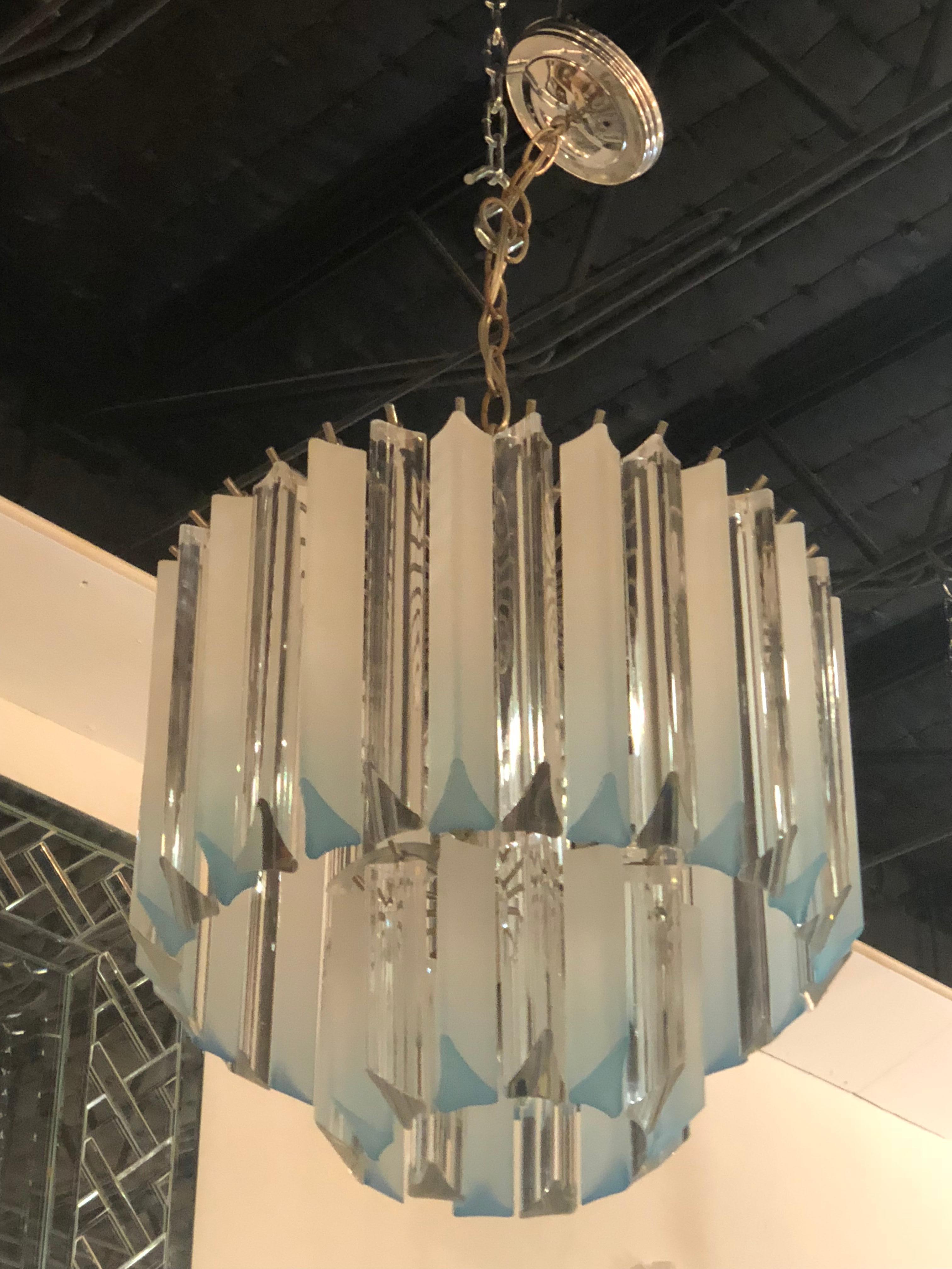 Vintage Light Blue Aqua Lucite Two-Tier Chrome Chandelier For Sale 1