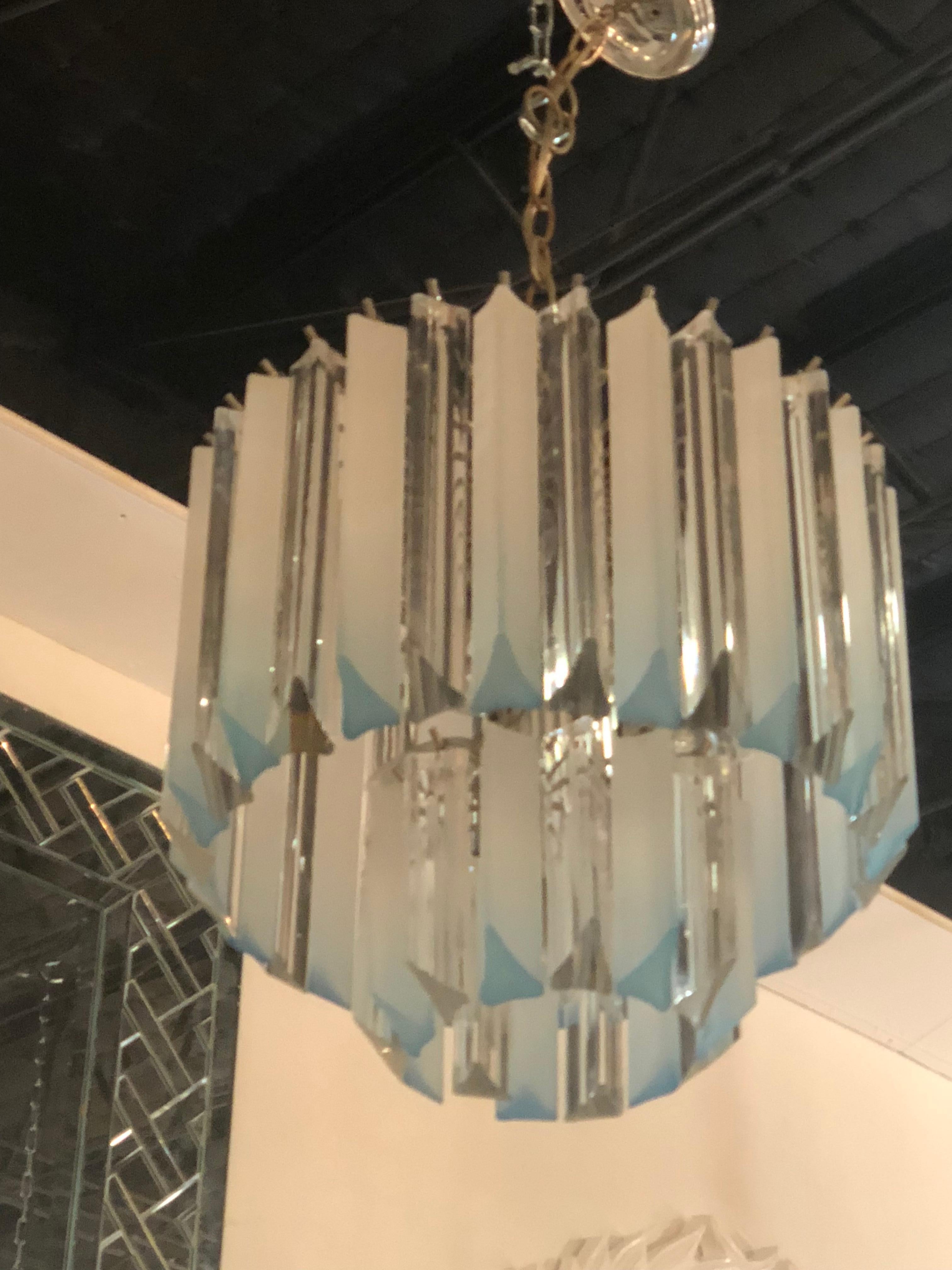 Vintage Light Blue Aqua Lucite Two-Tier Chrome Chandelier For Sale 2