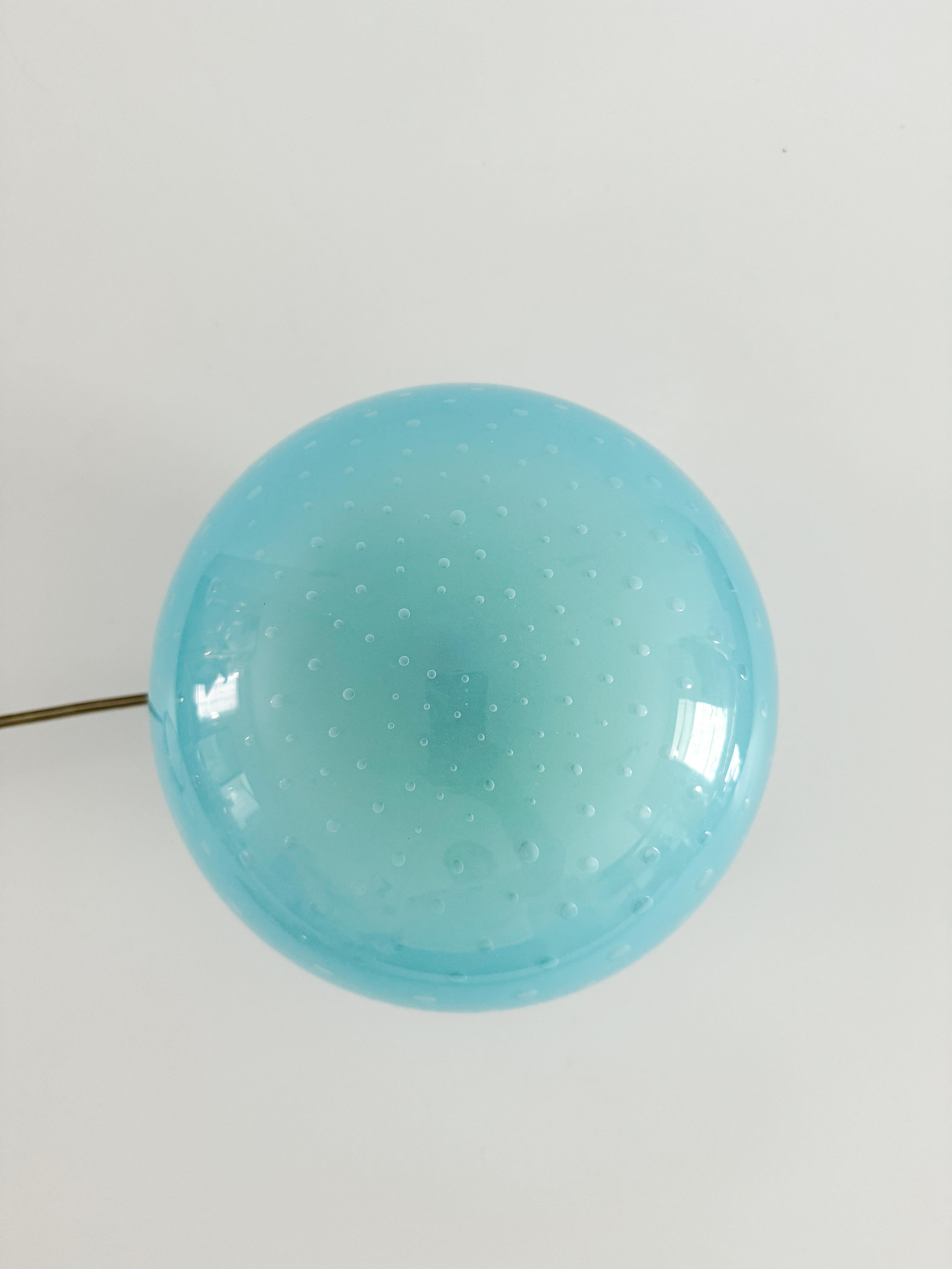 Mid-Century Modern Vintage Light Blue Handblown Murano Glass Brass Table Lamp Sphere 1970s For Sale