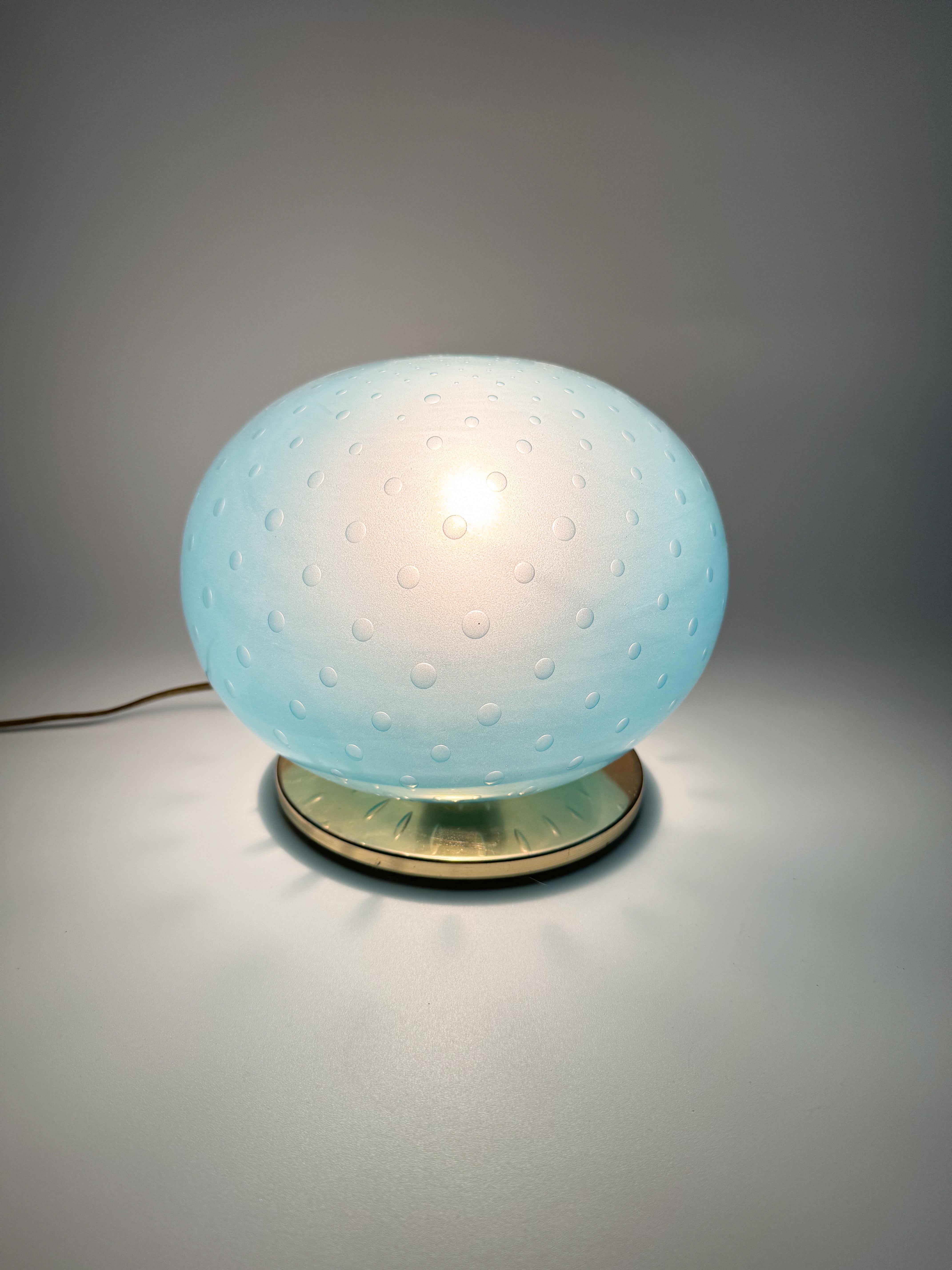 20th Century Vintage Light Blue Handblown Murano Glass Brass Table Lamp Sphere 1970s For Sale