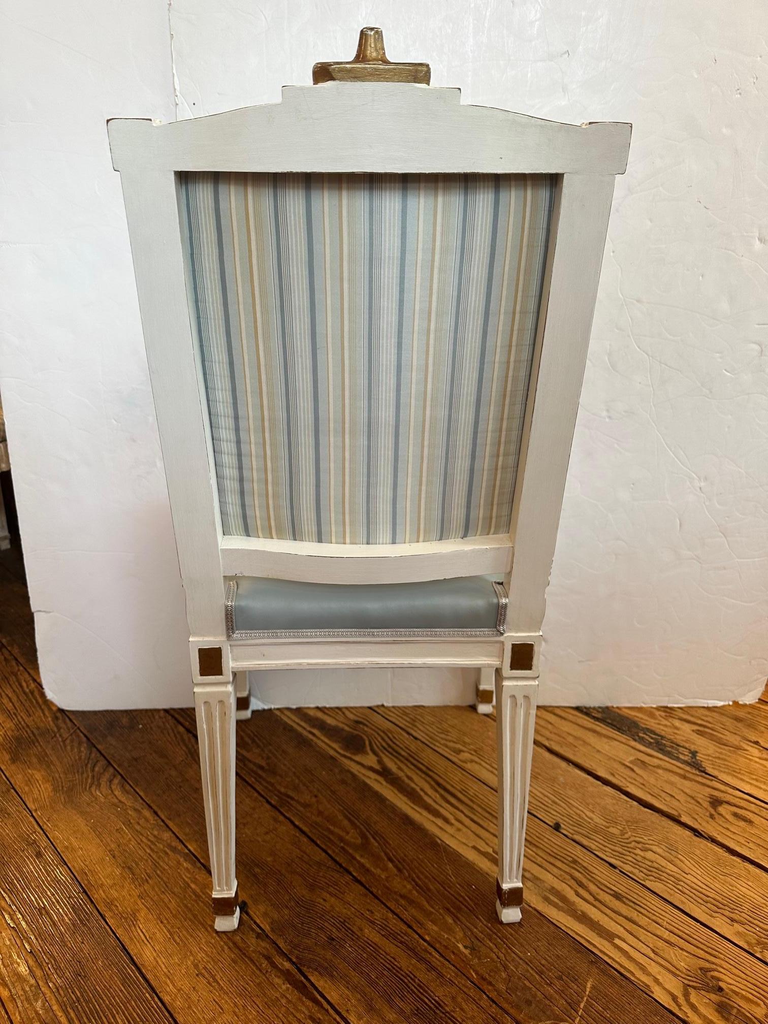 Vintage Light Blue Leather White Painted French Style Side Chair In Good Condition In Hopewell, NJ
