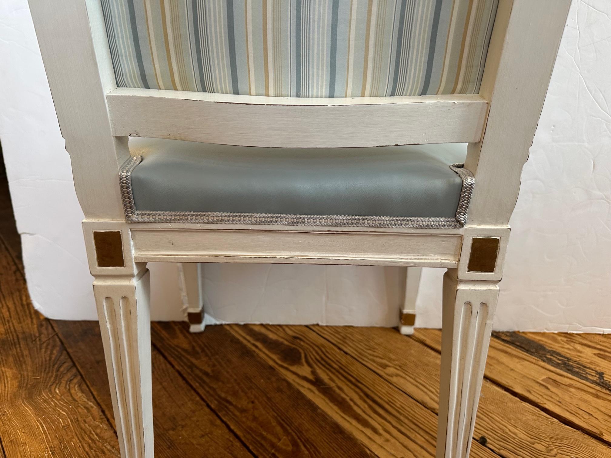 Late 20th Century Vintage Light Blue Leather White Painted French Style Side Chair