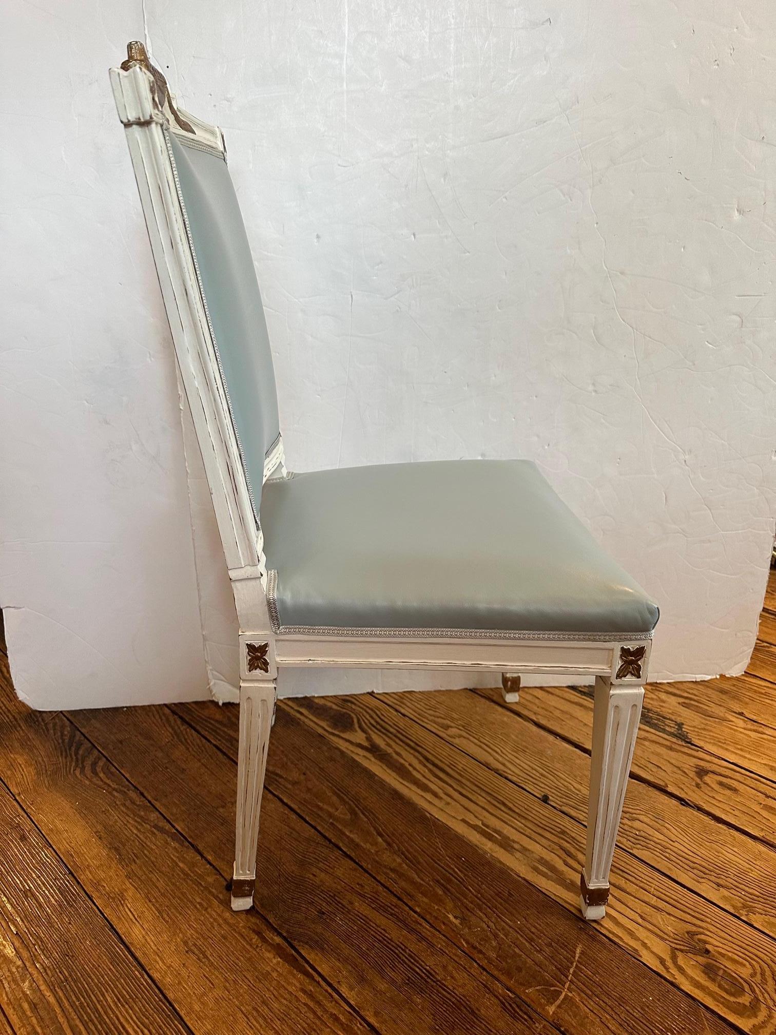 Vintage Light Blue Leather White Painted French Style Side Chair 1