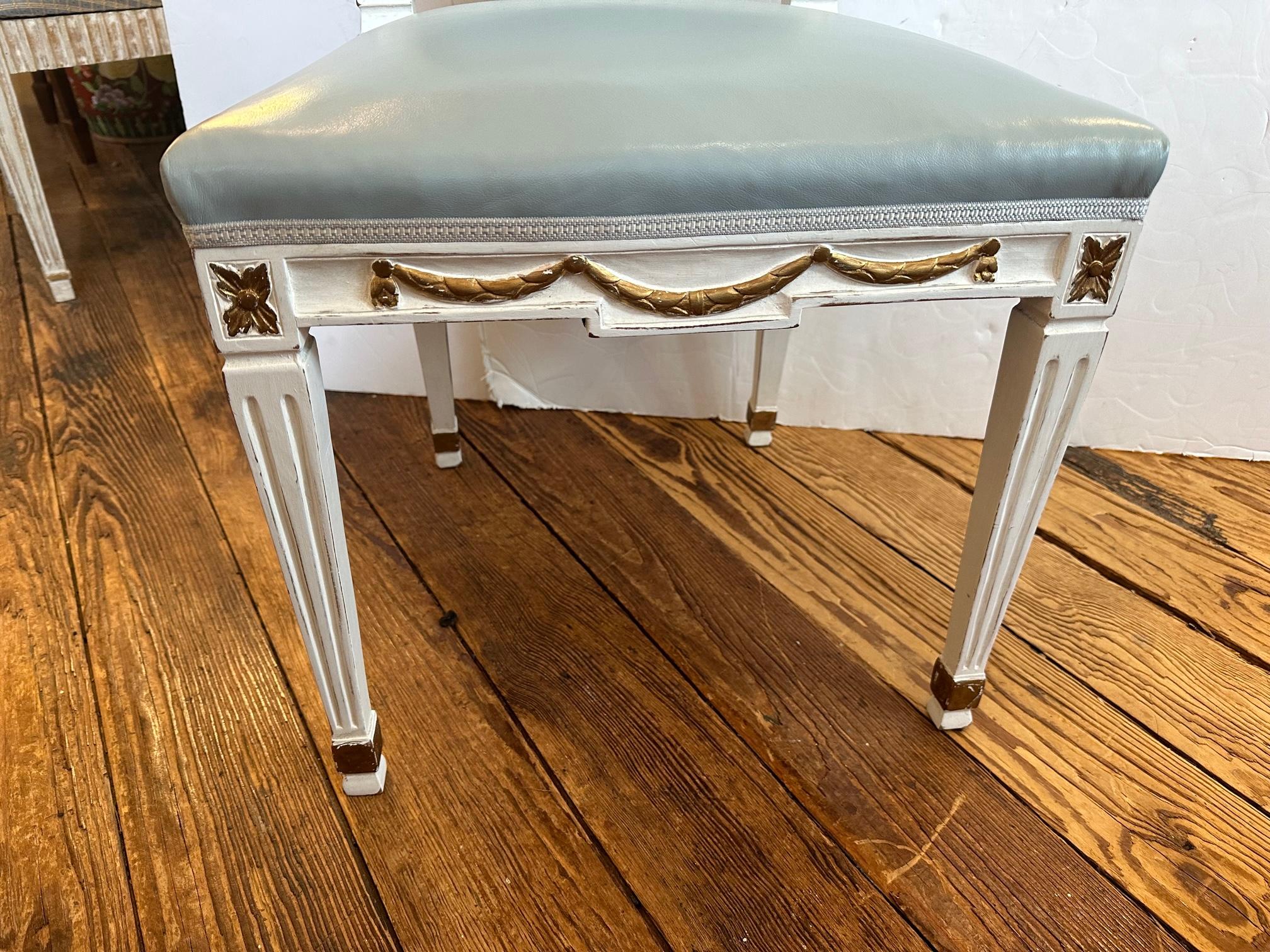 Vintage Light Blue Leather White Painted French Style Side Chair 2