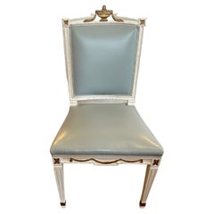 Vintage Light Blue Leather White Painted French Style Side Chair