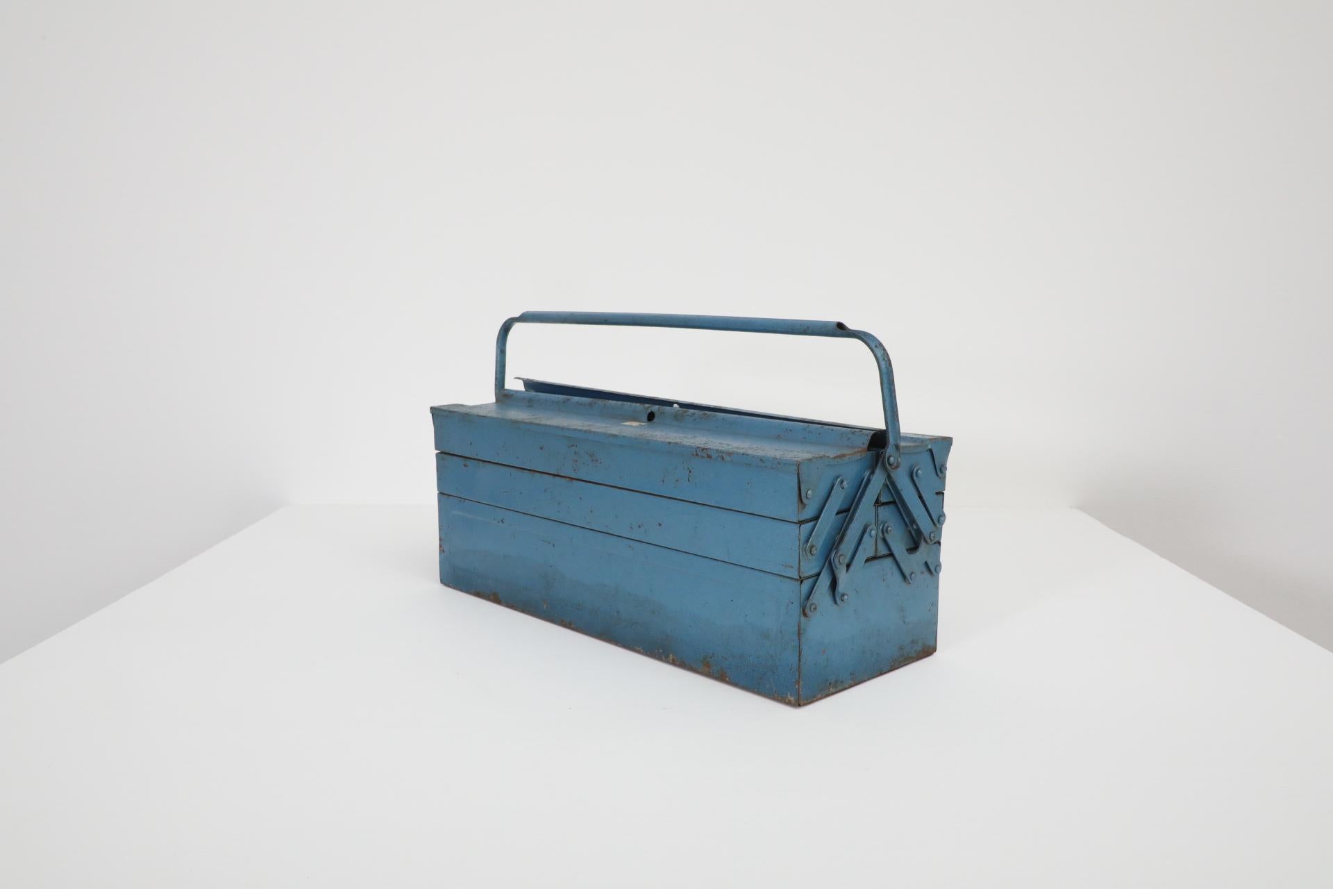 Industrial Vintage Light Blue Metal Tool or Tackle Box For Sale