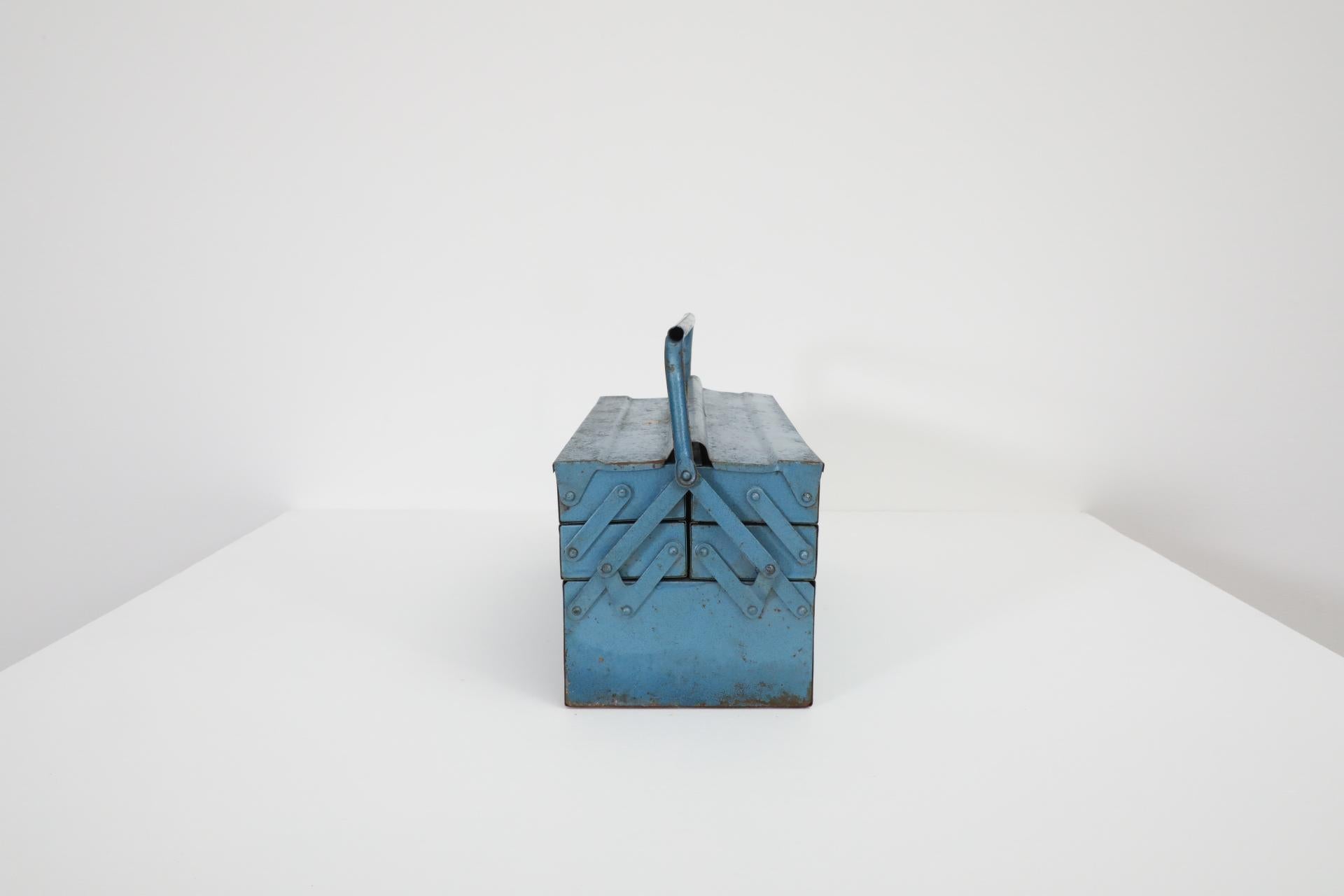 German Vintage Light Blue Metal Tool or Tackle Box For Sale