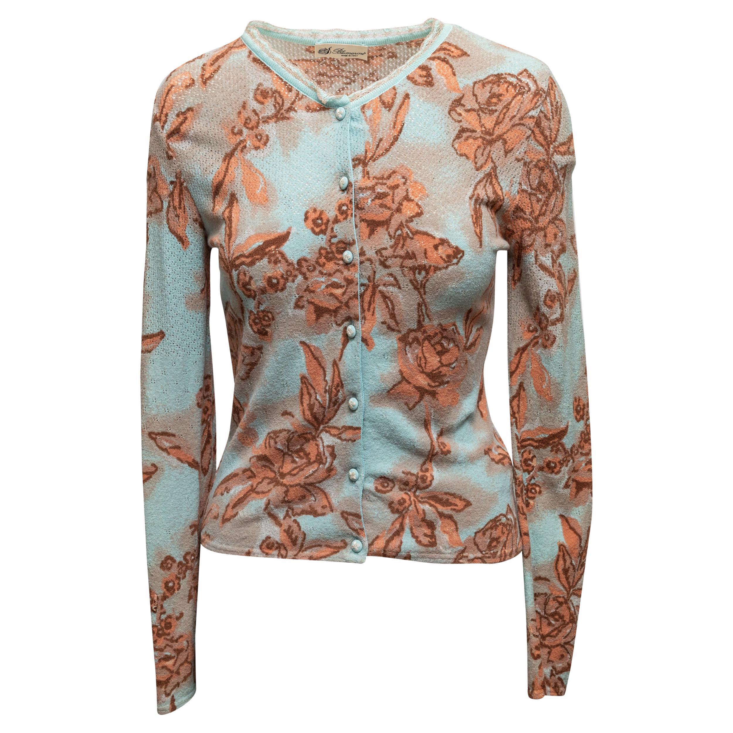 Vintage Hellblau & Mehrfarbig Blumarine Floral Gemusterte Strickjacke Größe IT 44 im Angebot