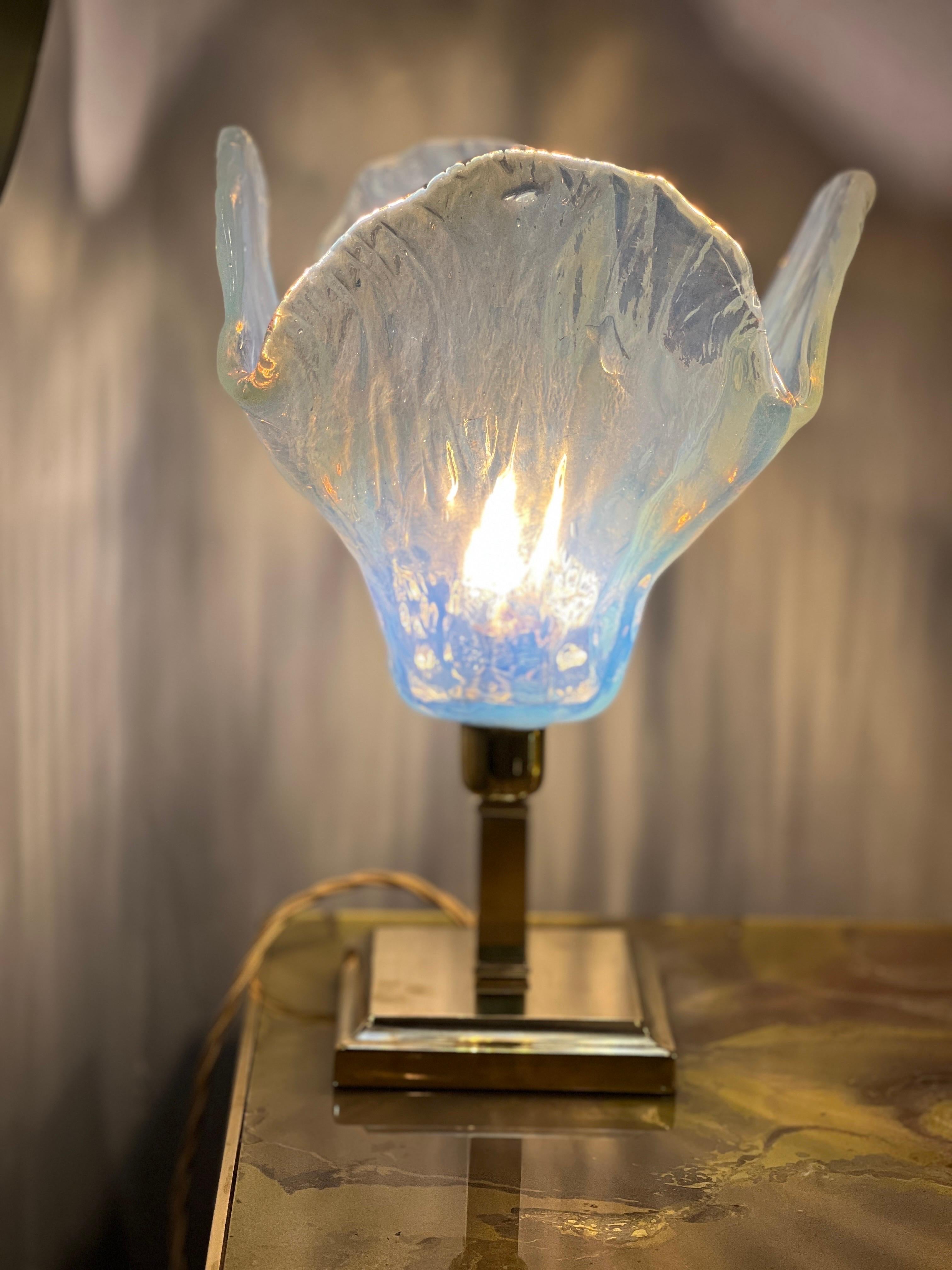 Mid-Century Modern Vintage Light Blue Murano Glass Flower Table Lamp, 1950s