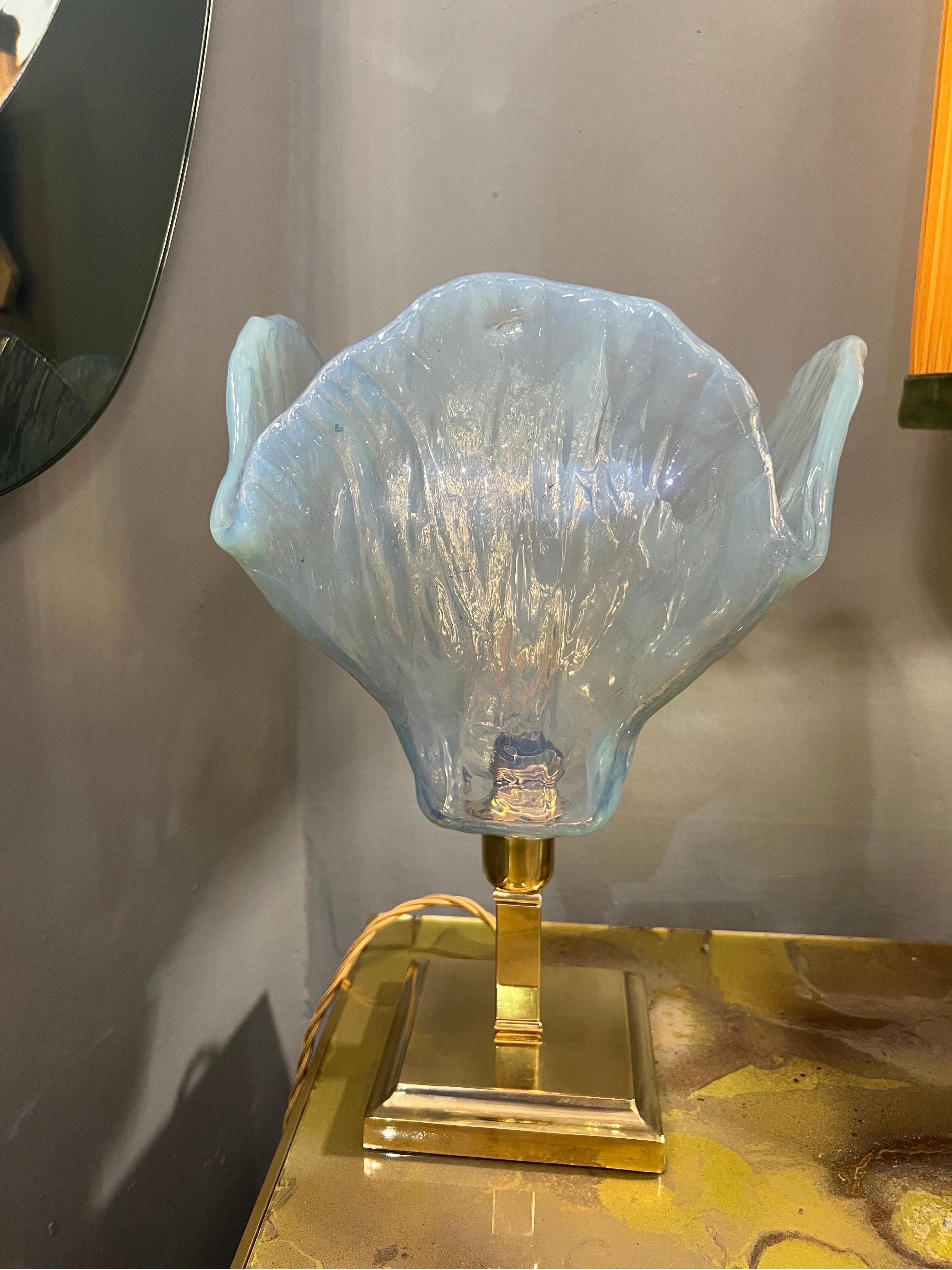 Vintage Light Blue Murano Glass Flower Table Lamp, 1950s In Excellent Condition In Florence, IT