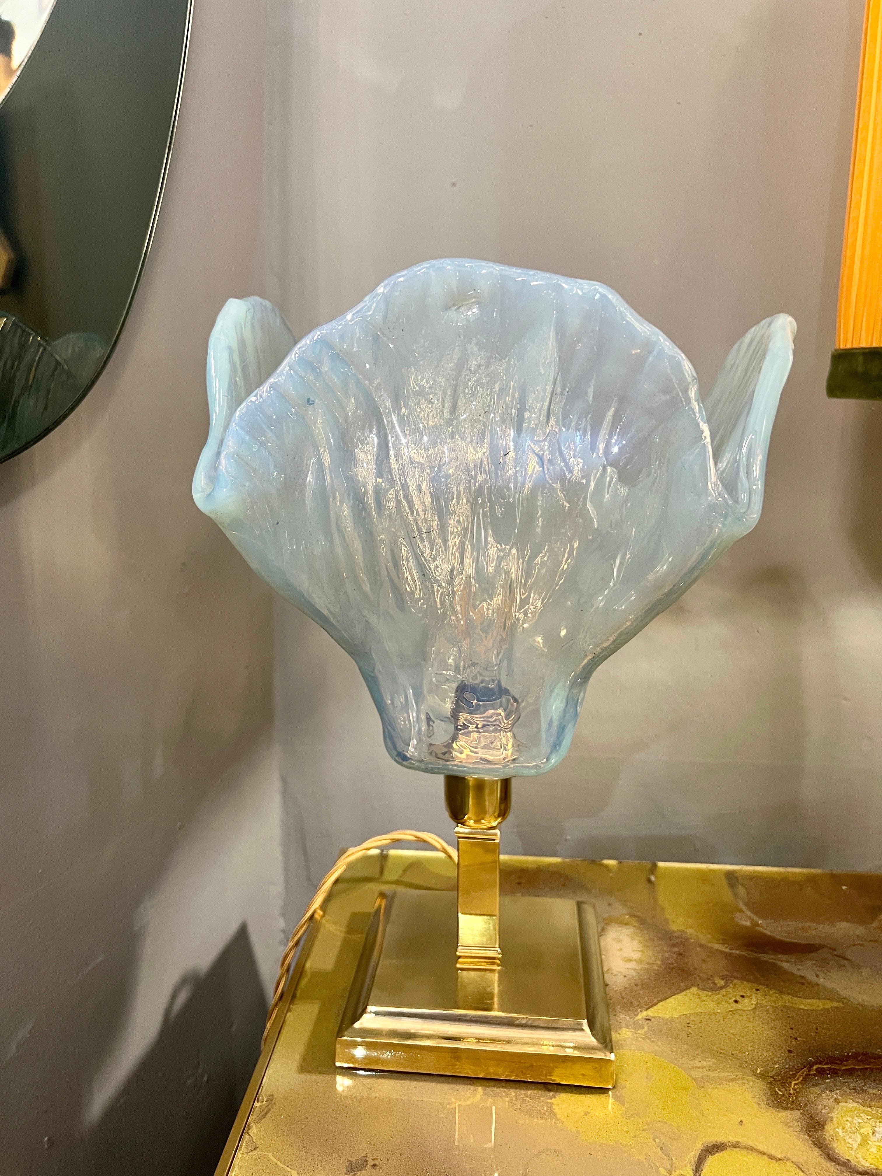 Brass Vintage Light Blue Murano Glass Flower Table Lamp, 1950s