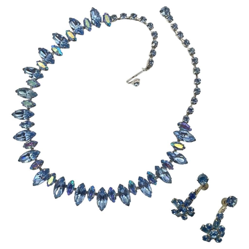 Vintage Light Blue Rhinestone Beautiful Necklace Earrings For Sale