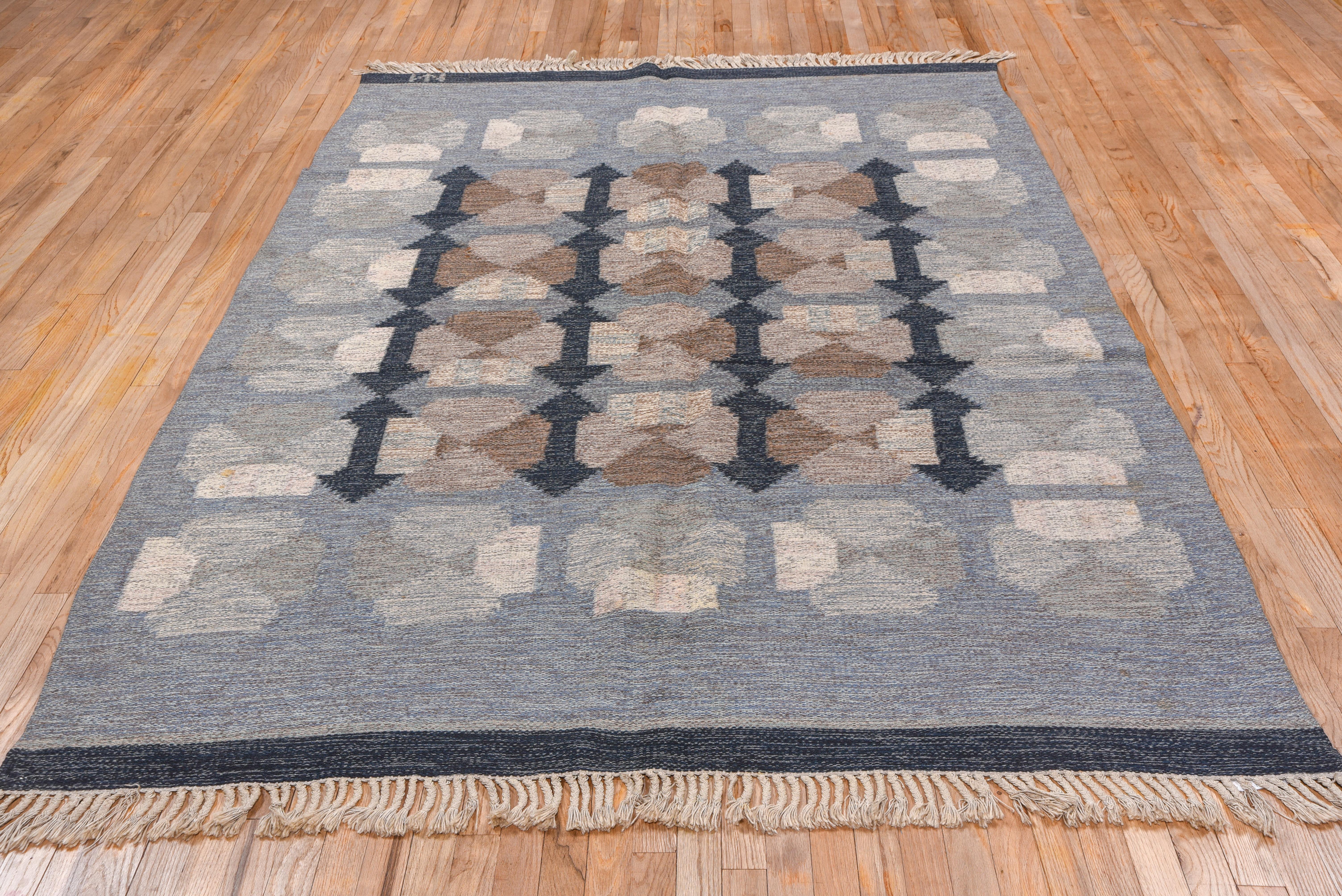Vintage Light Blue Scandinavian Rollaken Rug, Brown Accents, Circa 1960s In Good Condition In New York, NY