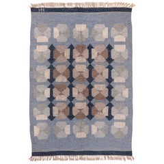 Vintage Light Blue Scandinavian Rollaken Rug, Brown Accents, Circa 1960s