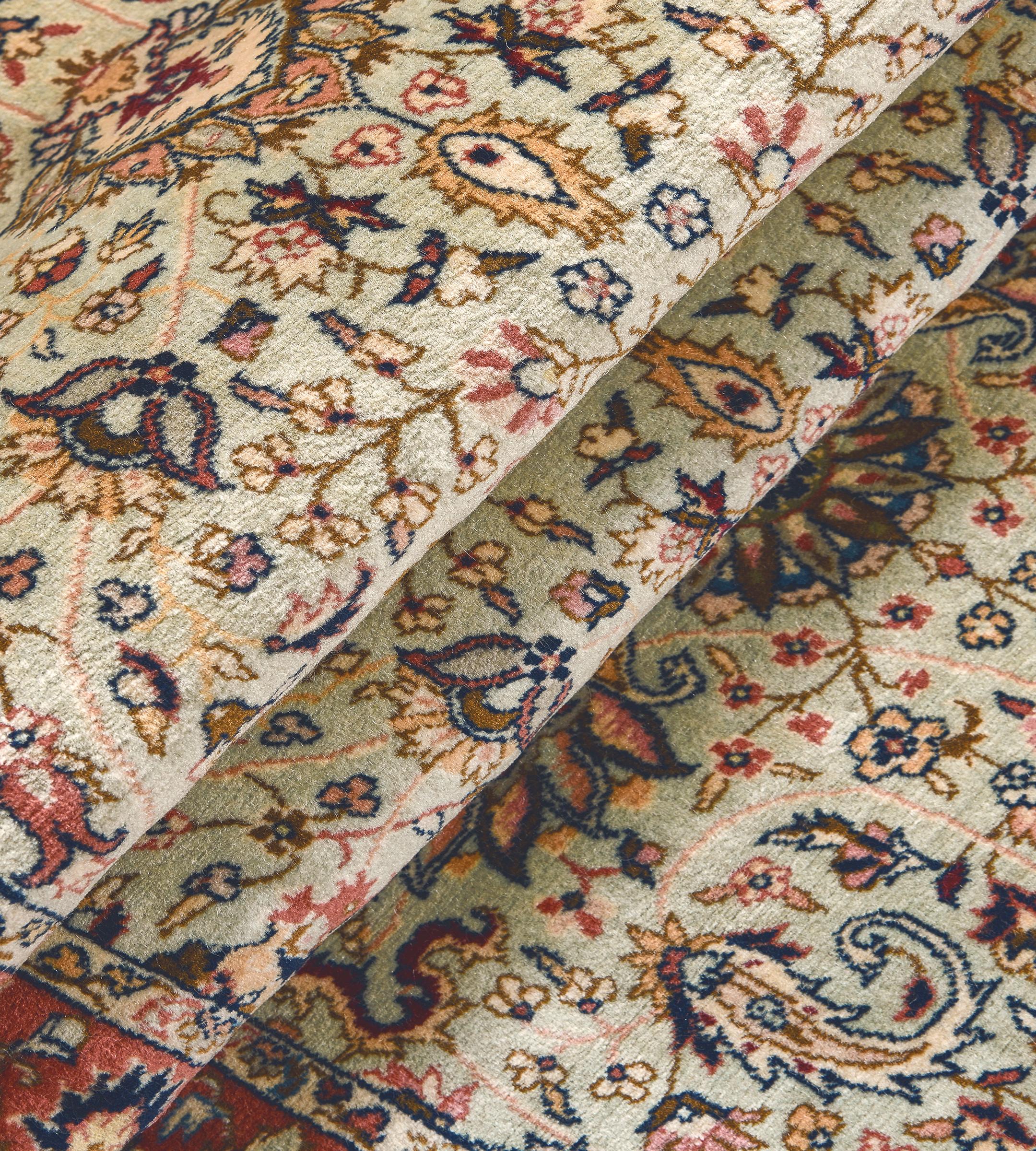 Wool Vintage Light-Green Floral Handmade Long Tabriz Runner For Sale