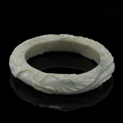 Vintage Light Green Jade 16mm Carved Bangle Bracelet