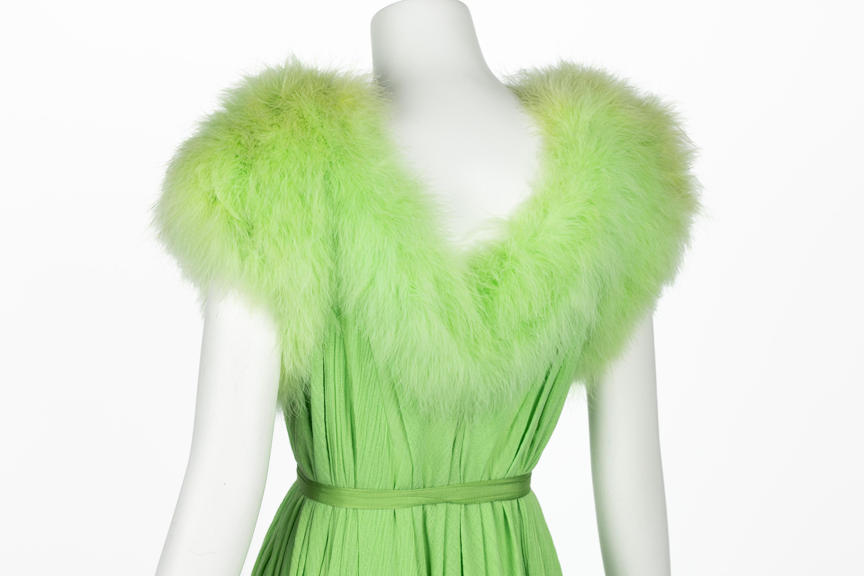 Vintage Light Green Maribou Feather Trimmed Maxi Dress  For Sale 6