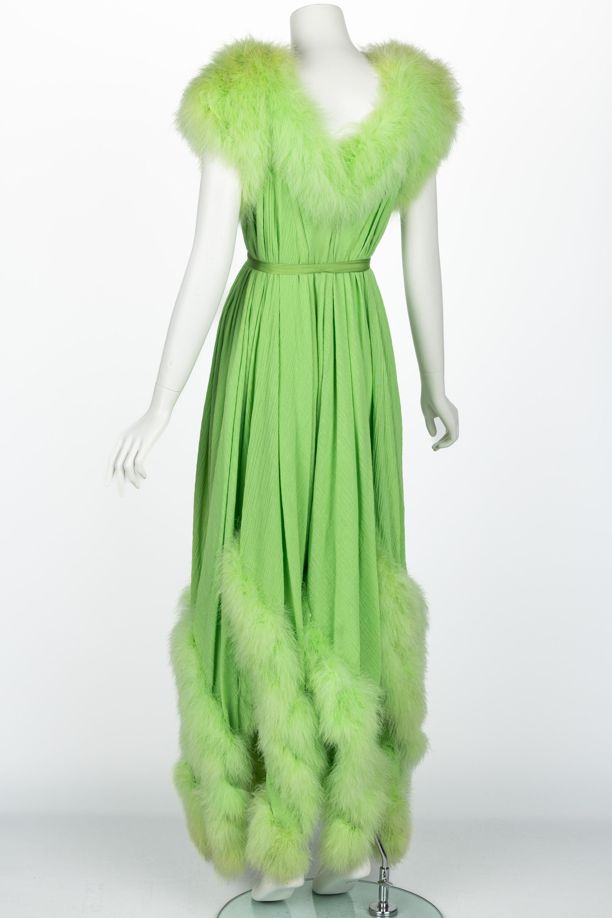Women's Vintage Light Green Maribou Feather Trimmed Maxi Dress  For Sale