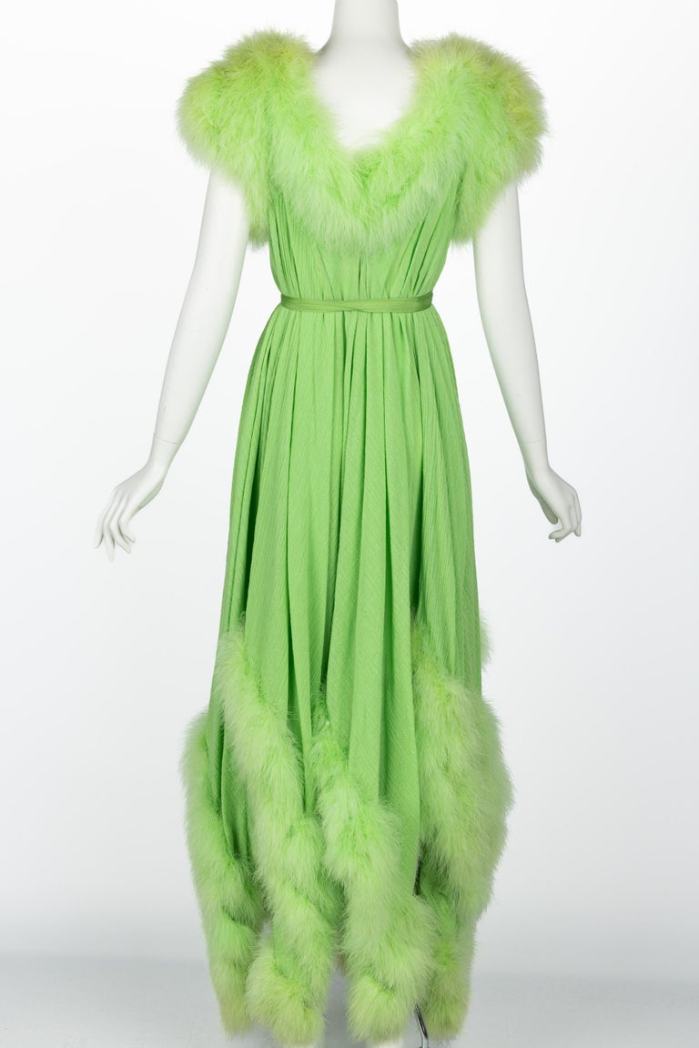 Vintage Light Green Maribou Feather Trimmed Maxi Dress