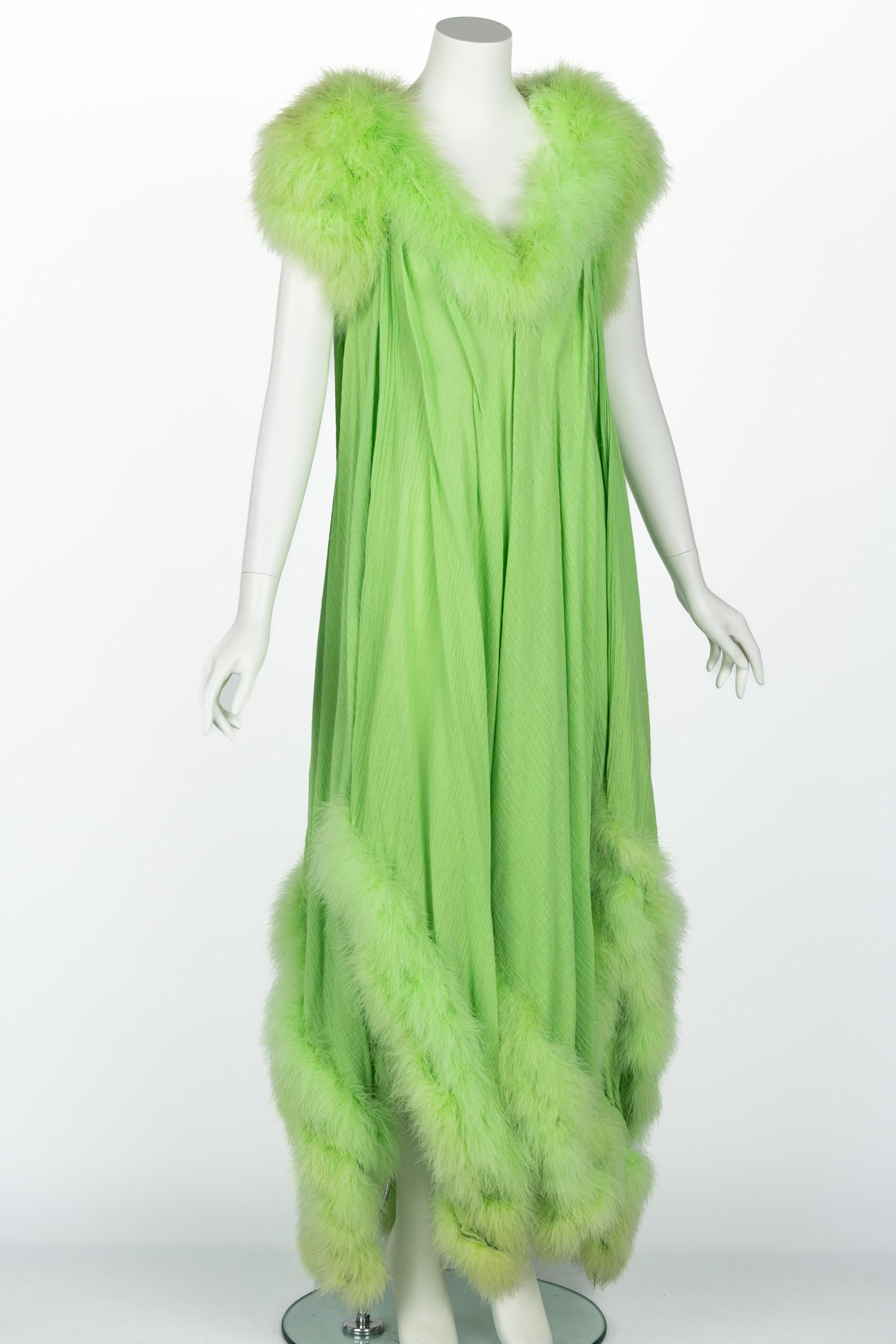 Vintage Light Green Maribou Feather Trimmed Maxi Dress  For Sale 3