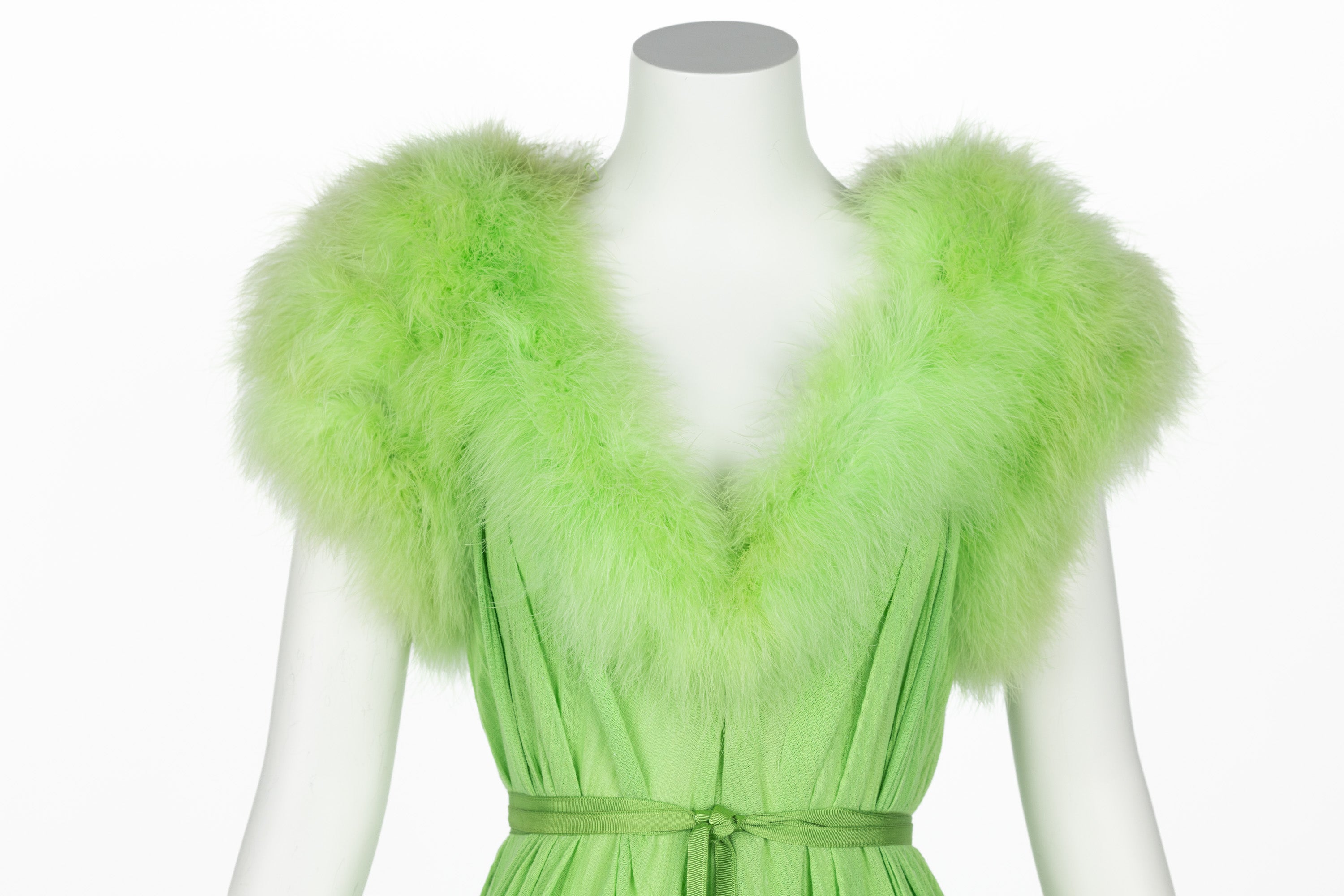 Vintage Light Green Maribou Feather Trimmed Maxi Dress For Sale 5