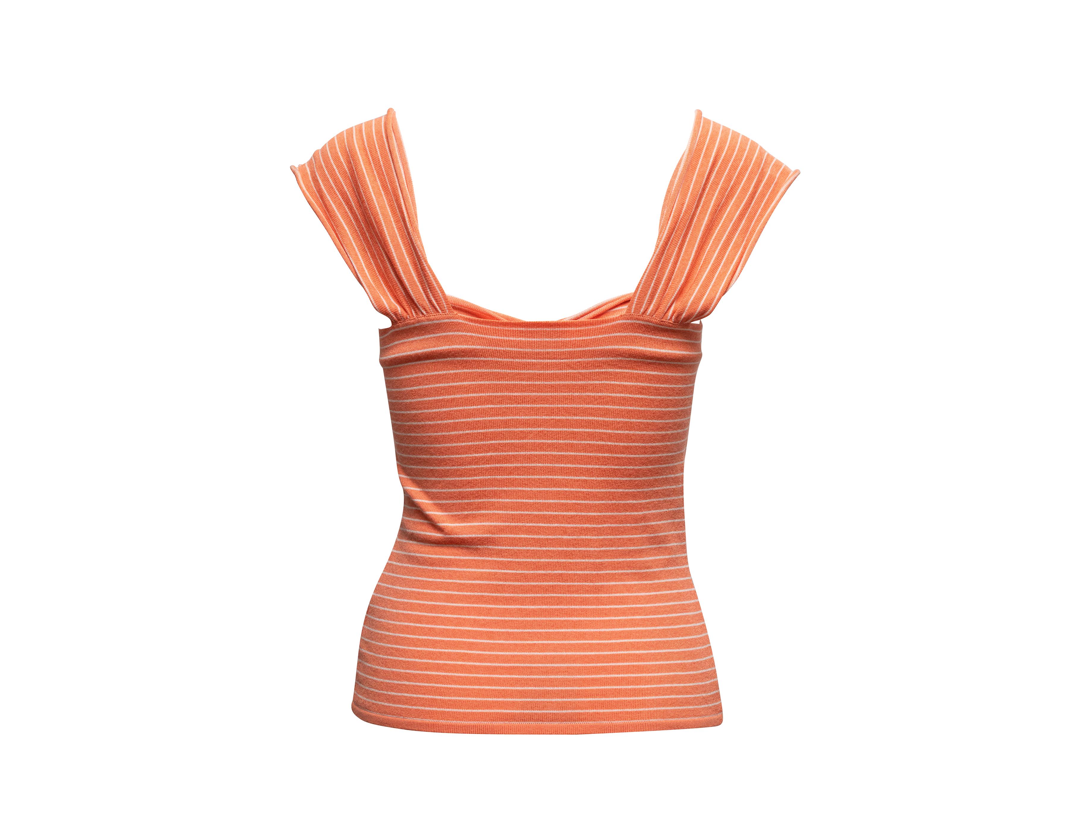 Vintage light orange and white striped sleeveless top by Valentino. Sweetheart neckline. Lace trim at bust. 33