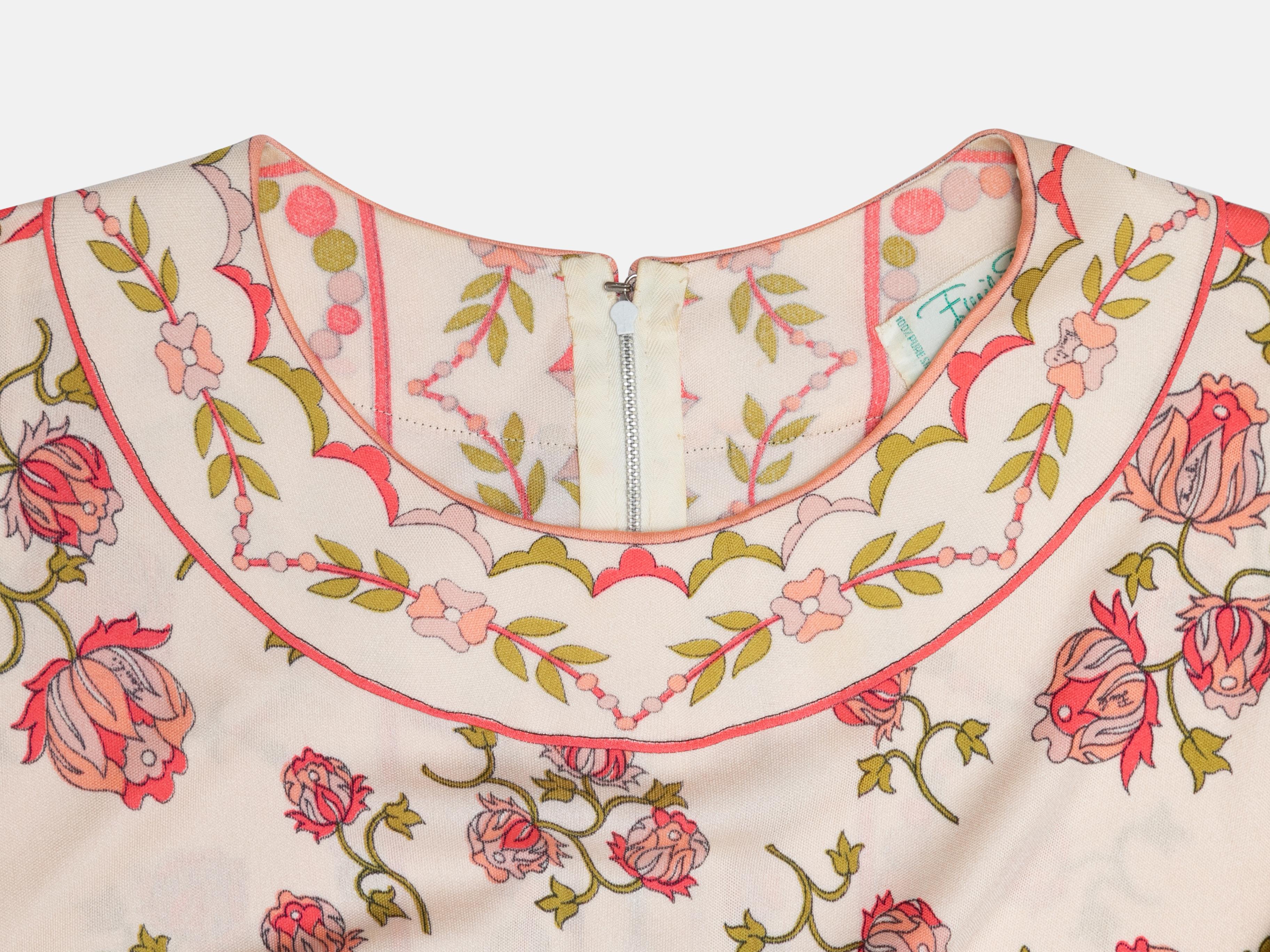 Vintage Light Pink & Multicolor Emilio Pucci Floral Print Long Sleeve Dress Size In Good Condition In New York, NY
