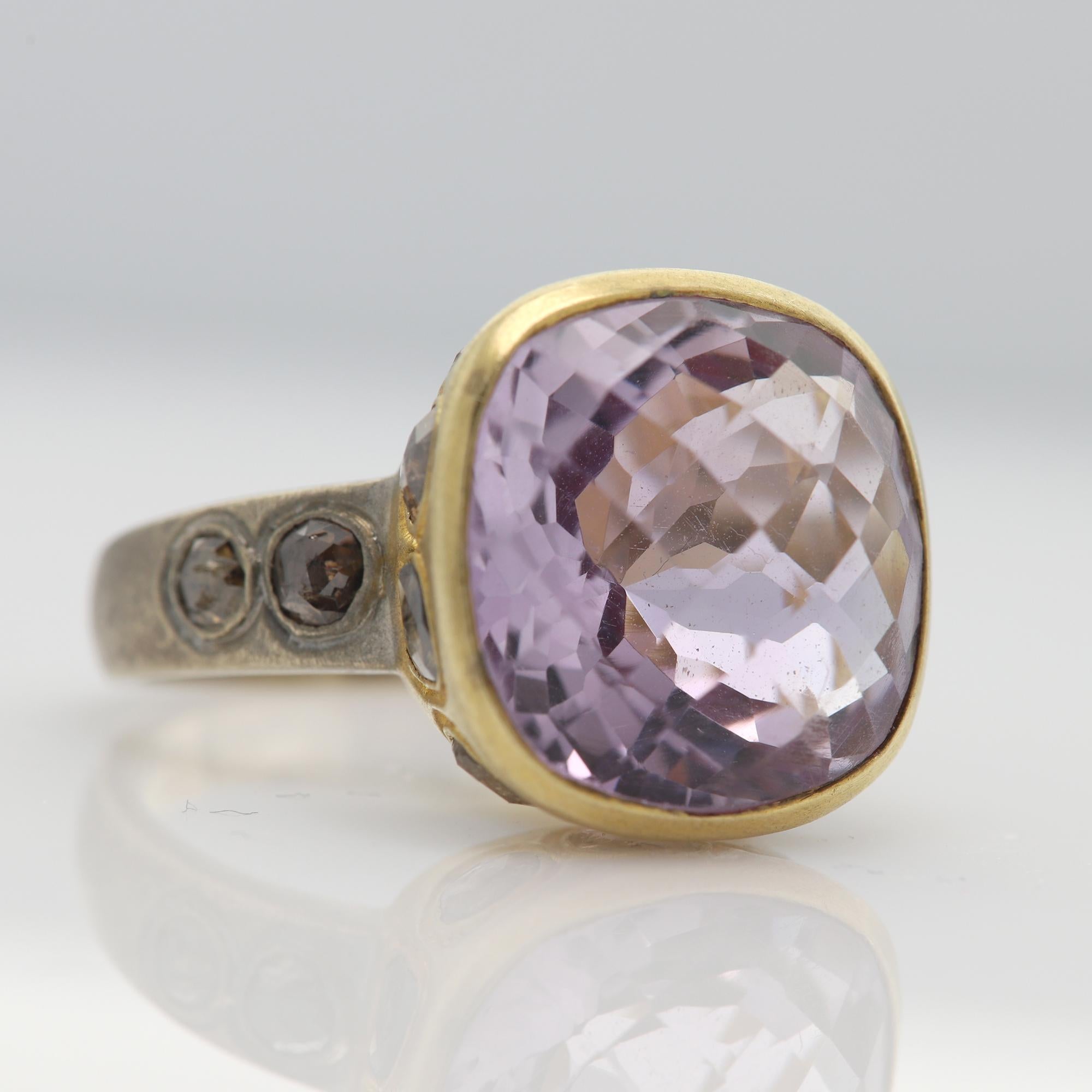 Vintage Light Purple Ring Amethyst Cushion 13 Carat 18 Karat Two Tone Gold In New Condition For Sale In Brooklyn, NY