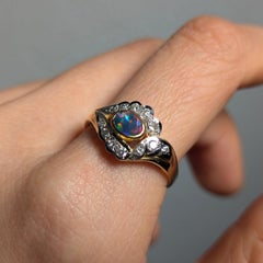 Vintage Lightning Ridge Australian Solid Black Opal Diamond 18k Gold Ring