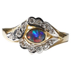 Vintage Lightning Ridge Australian Solid Black Opal Diamond 18k Gold Ring