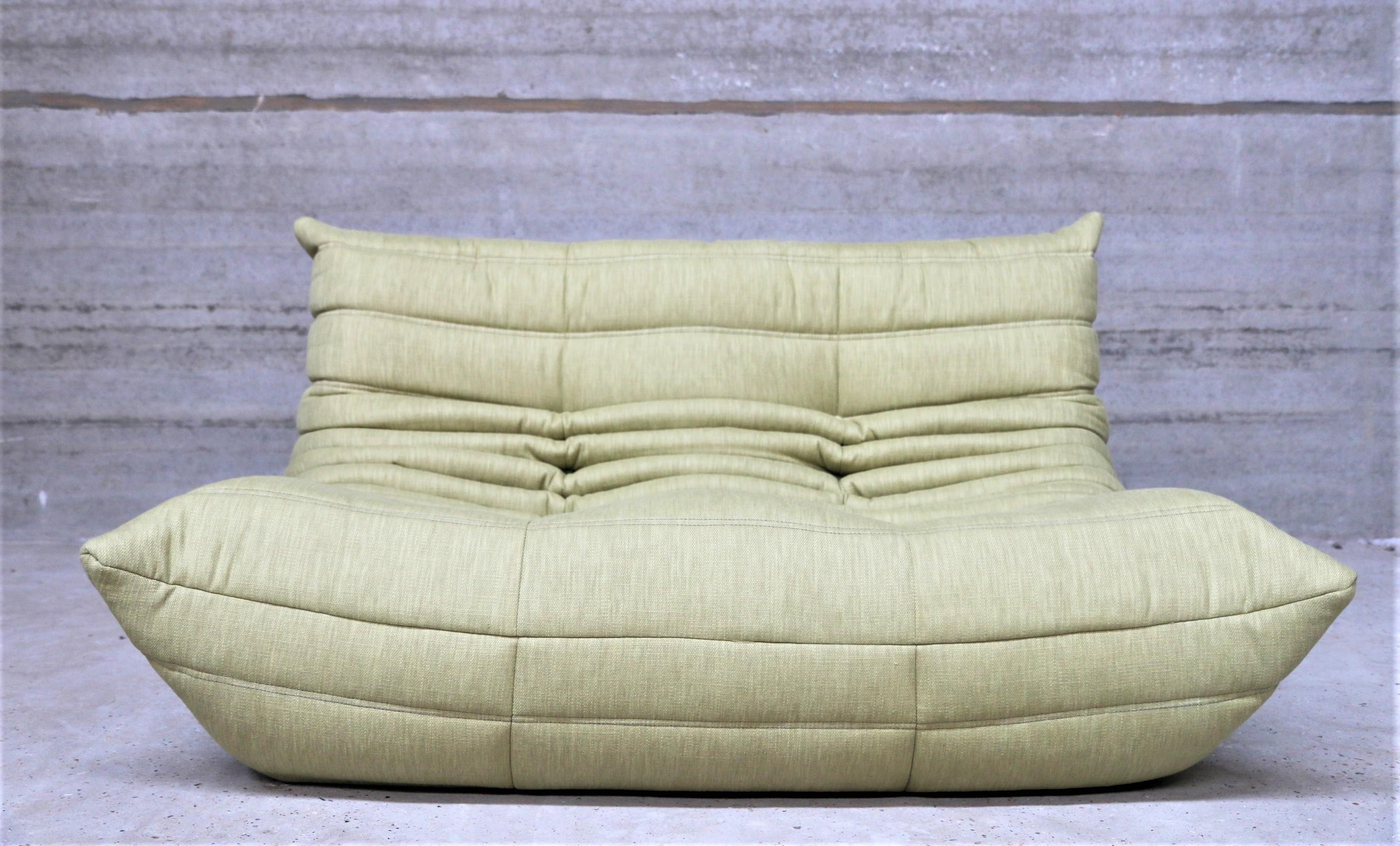 Mid-Century Modern CERTIFIED Ligne Roset TOGO Loveseat in Stain Free Olive Fabric, DIAMOND QUALITY For Sale