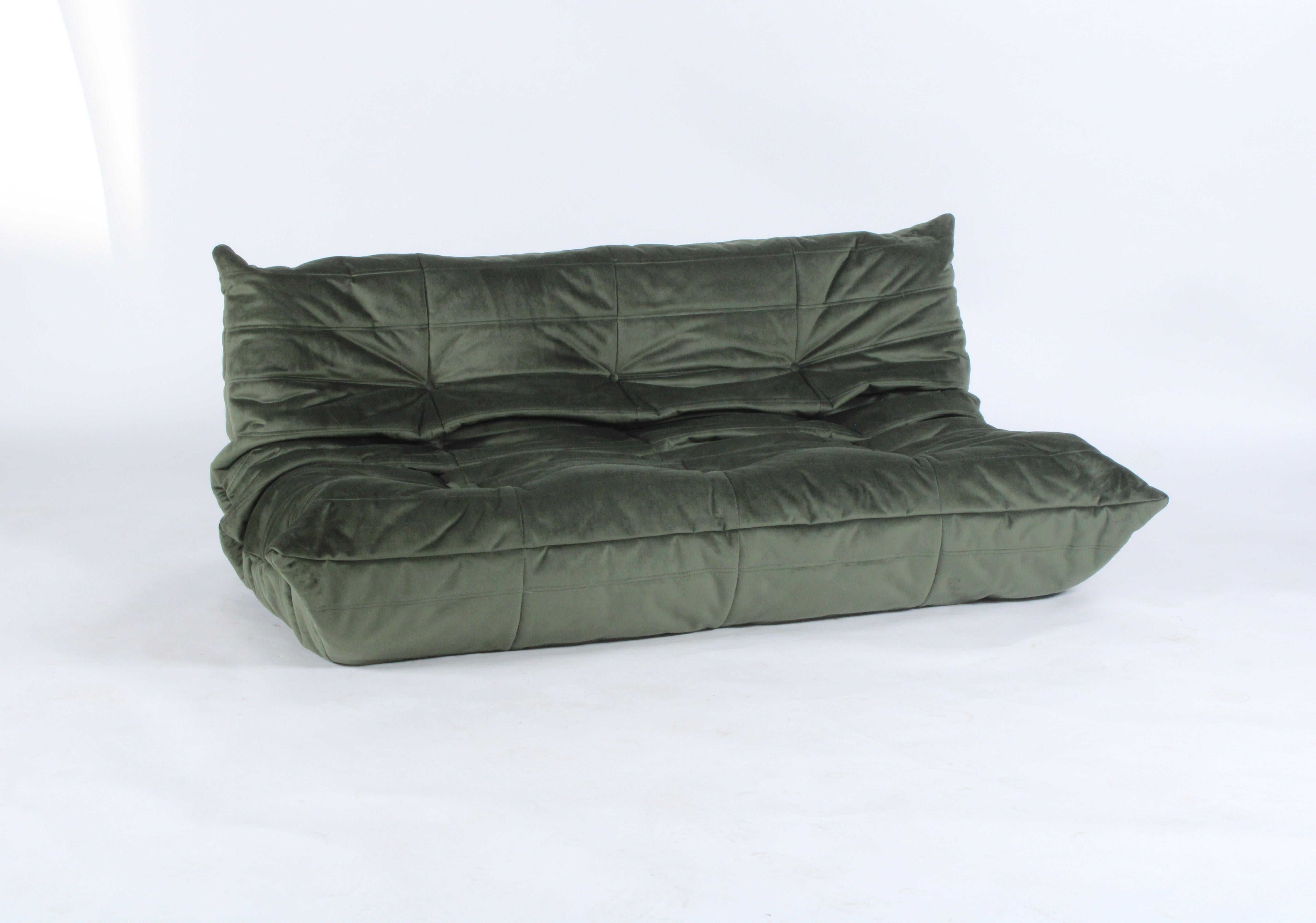 An icon of design the Togo sofa was first designed by Michel Ducaroy for Ligne Roset in the 1970’s and remains as stylish, popular and sought after to this day.  We have had this superb vintage three seater model newly upholstered in a fabulous