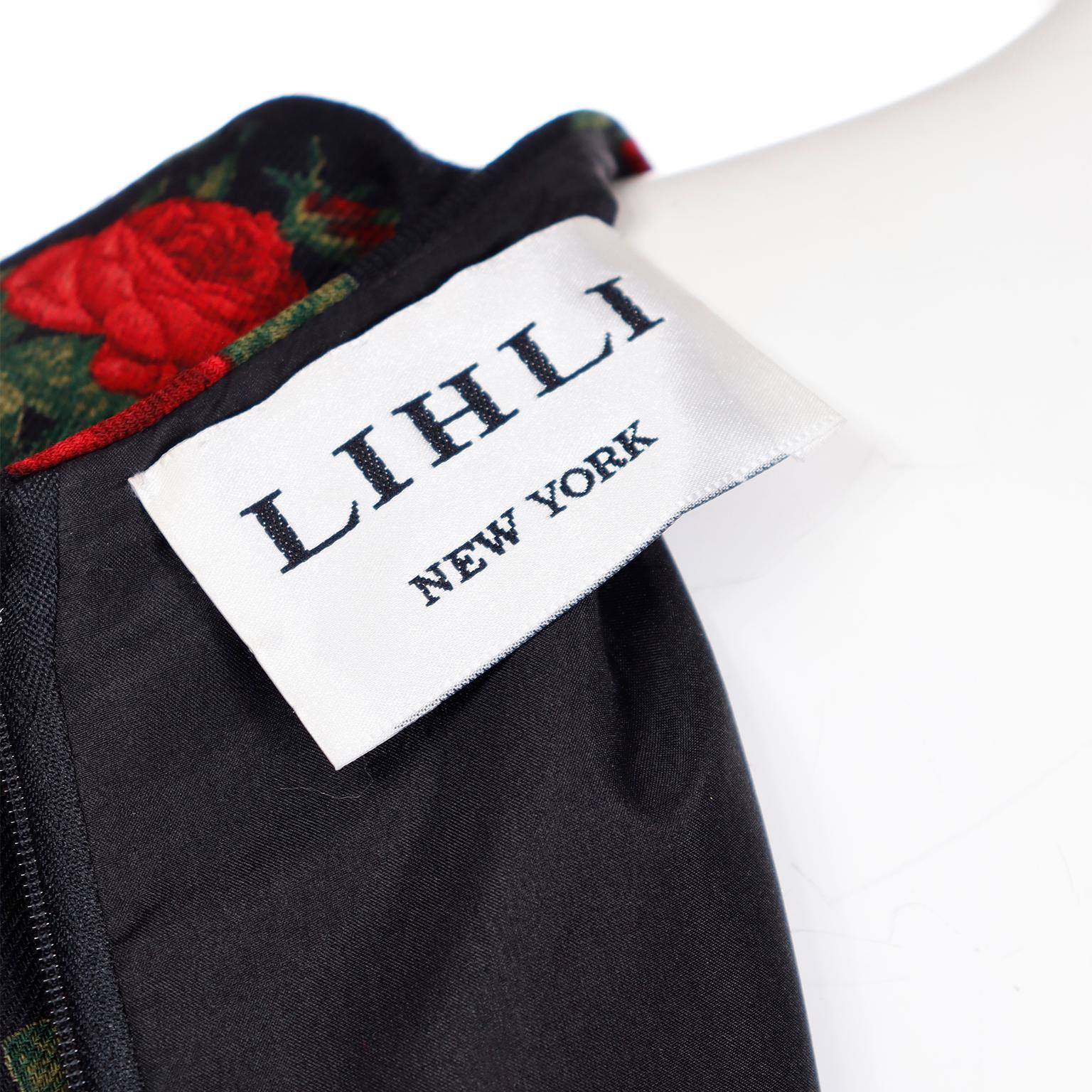 Vintage Lihli New York Black Floral Long Sleeved Dress With Red Roses 3
