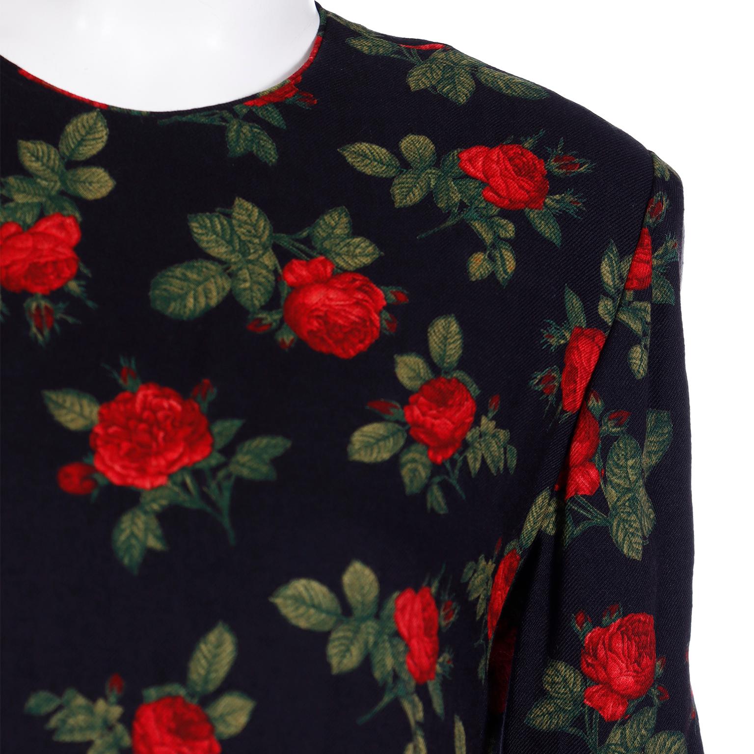 Vintage Lihli New York Black Floral Long Sleeved Dress With Red Roses In Excellent Condition In Portland, OR