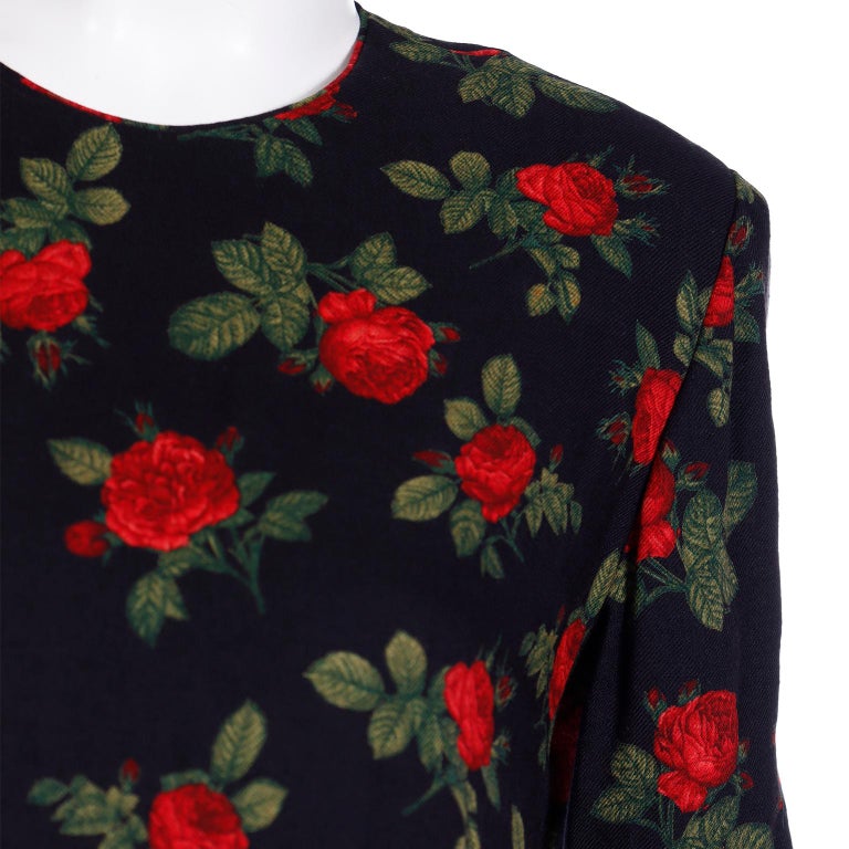 Vintage Lihli New York Black Floral Long Sleeved Dress With Red Roses