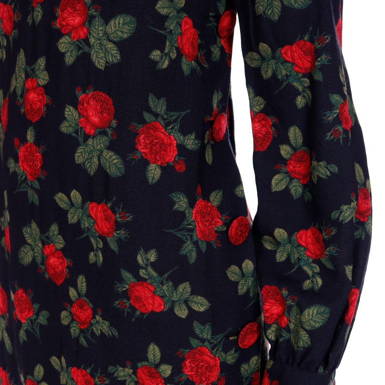 Vintage Lihli New York Black Floral Long Sleeved Dress With Red Roses