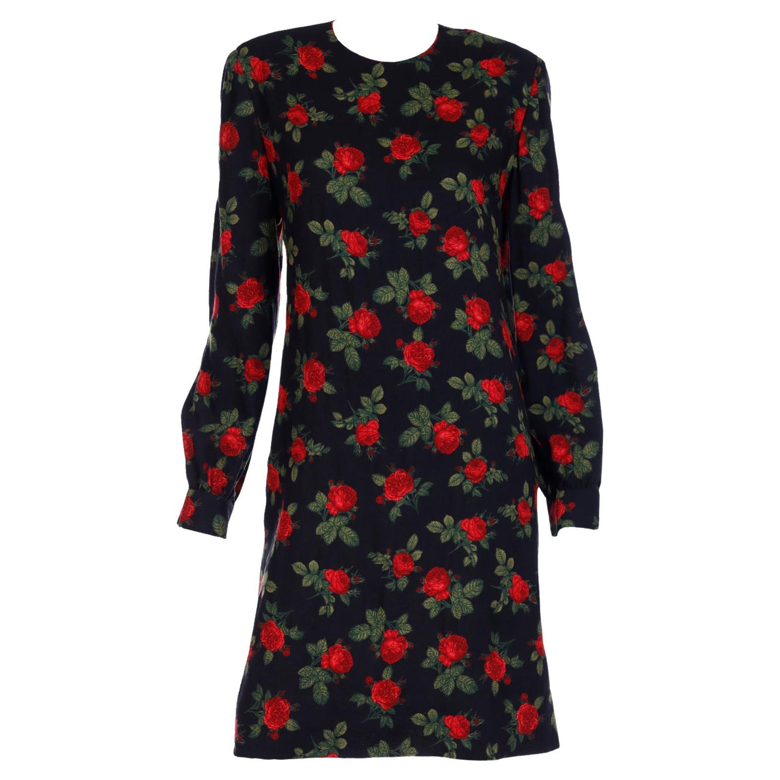 Vintage Lihli New York Black Floral Long Sleeved Dress With Red Roses