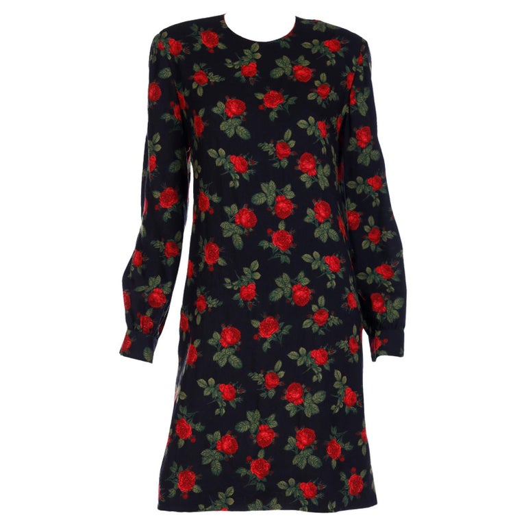 Vintage Lihli New York Black Floral Long Sleeved Dress With Red Roses