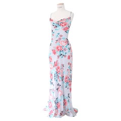 Vintage lilac pink red rose print silk sheer floral layered slip dress gown M L