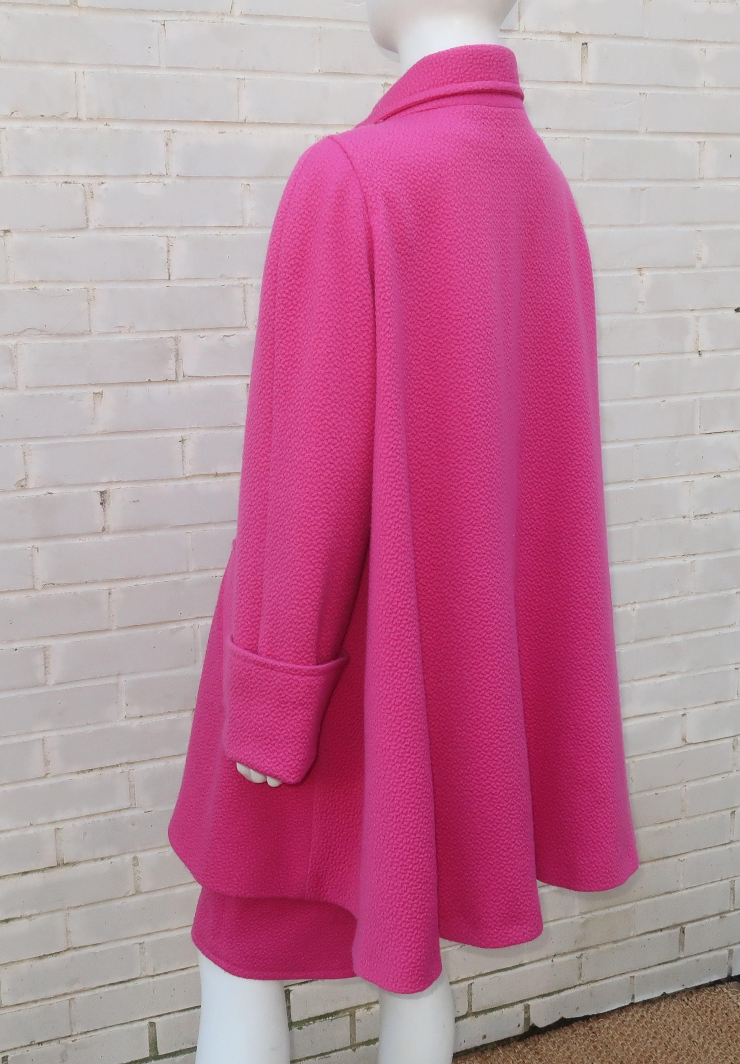 Vintage Liliane Burty Hot Pink Wool French Skirt Suit With Swing Coat In Good Condition In Atlanta, GA