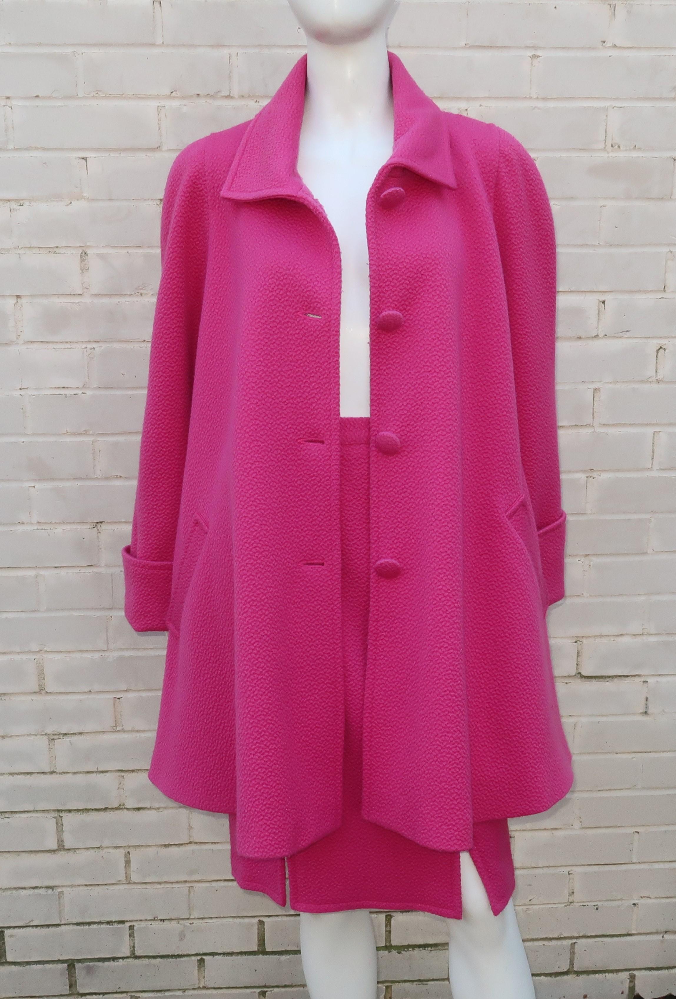 Women's Vintage Liliane Burty Hot Pink Wool French Skirt Suit With Swing Coat
