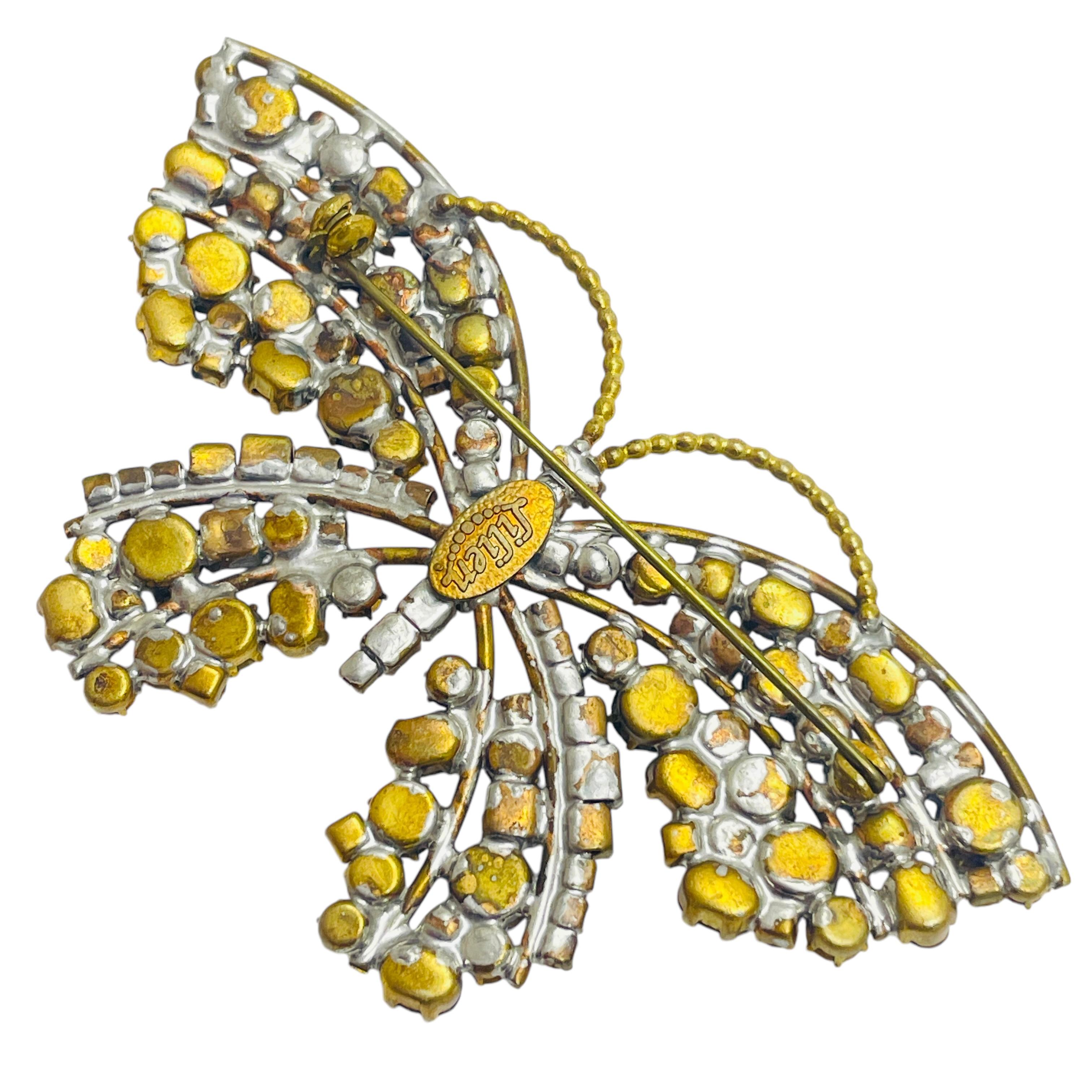 Vintage LILIEN signed gold tone rhinestones butterfly designer brooch For Sale 1