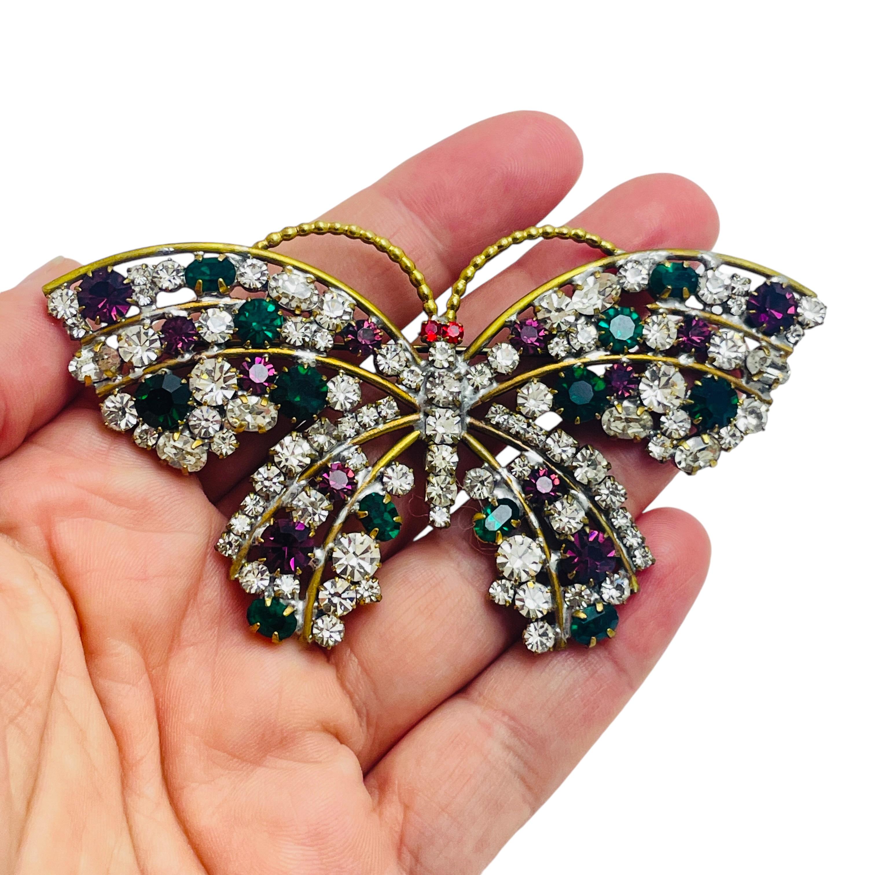 Vintage LILIEN signed gold tone rhinestones butterfly designer brooch For Sale 2