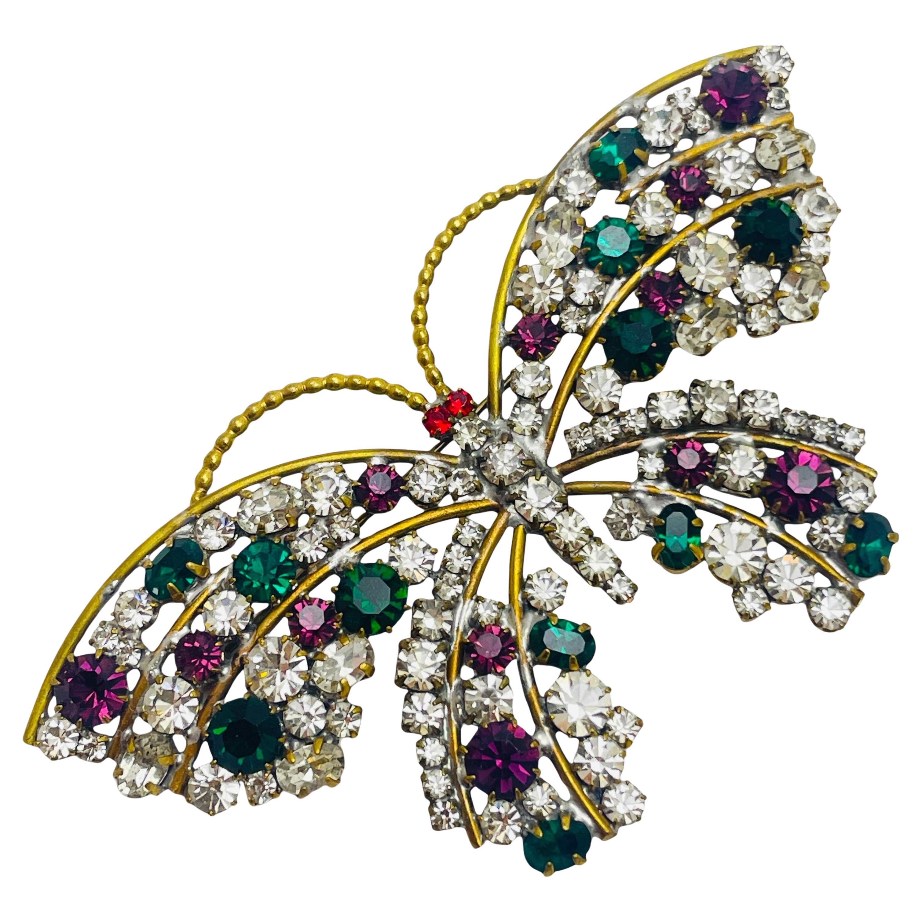 Vintage LILIEN signed gold tone rhinestones butterfly designer brooch For Sale