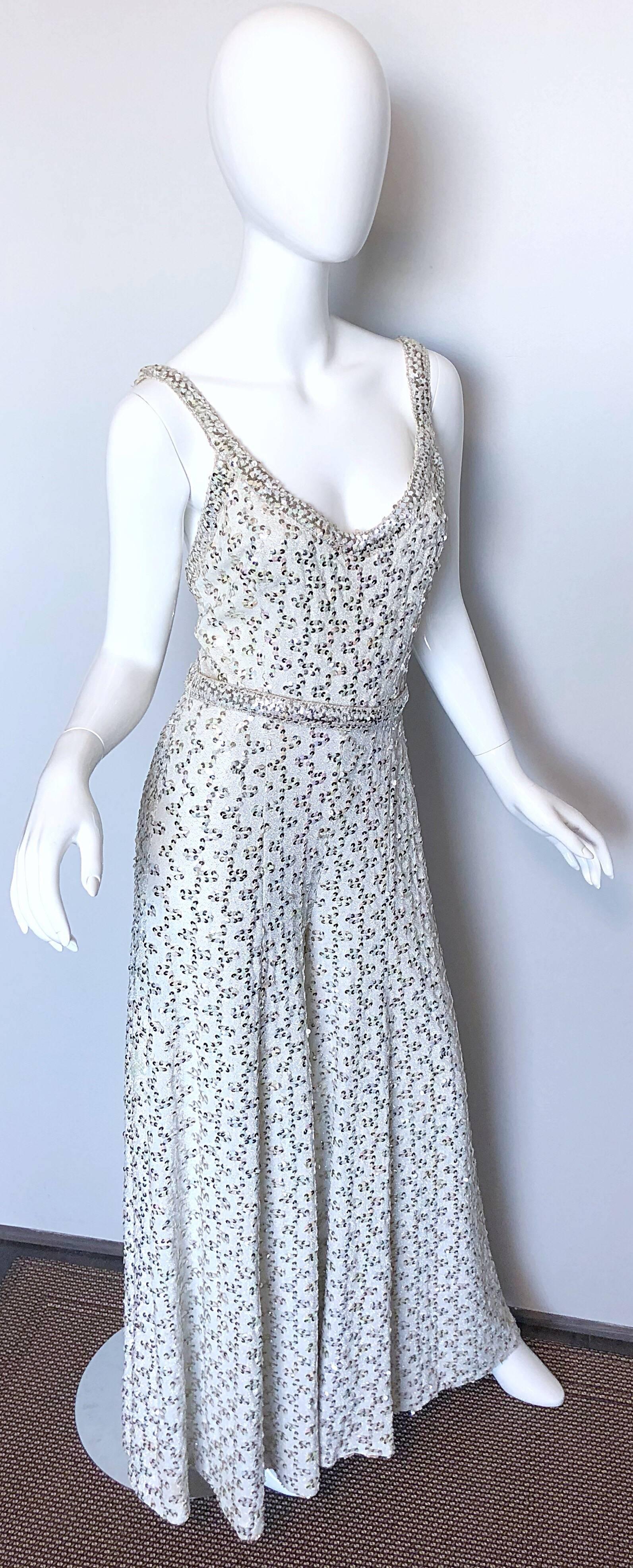 Vintage Lilli Diamond 1970s Silver Sequined 70s Amazing Lurex Wide Leg Jumpsuit For Sale 2