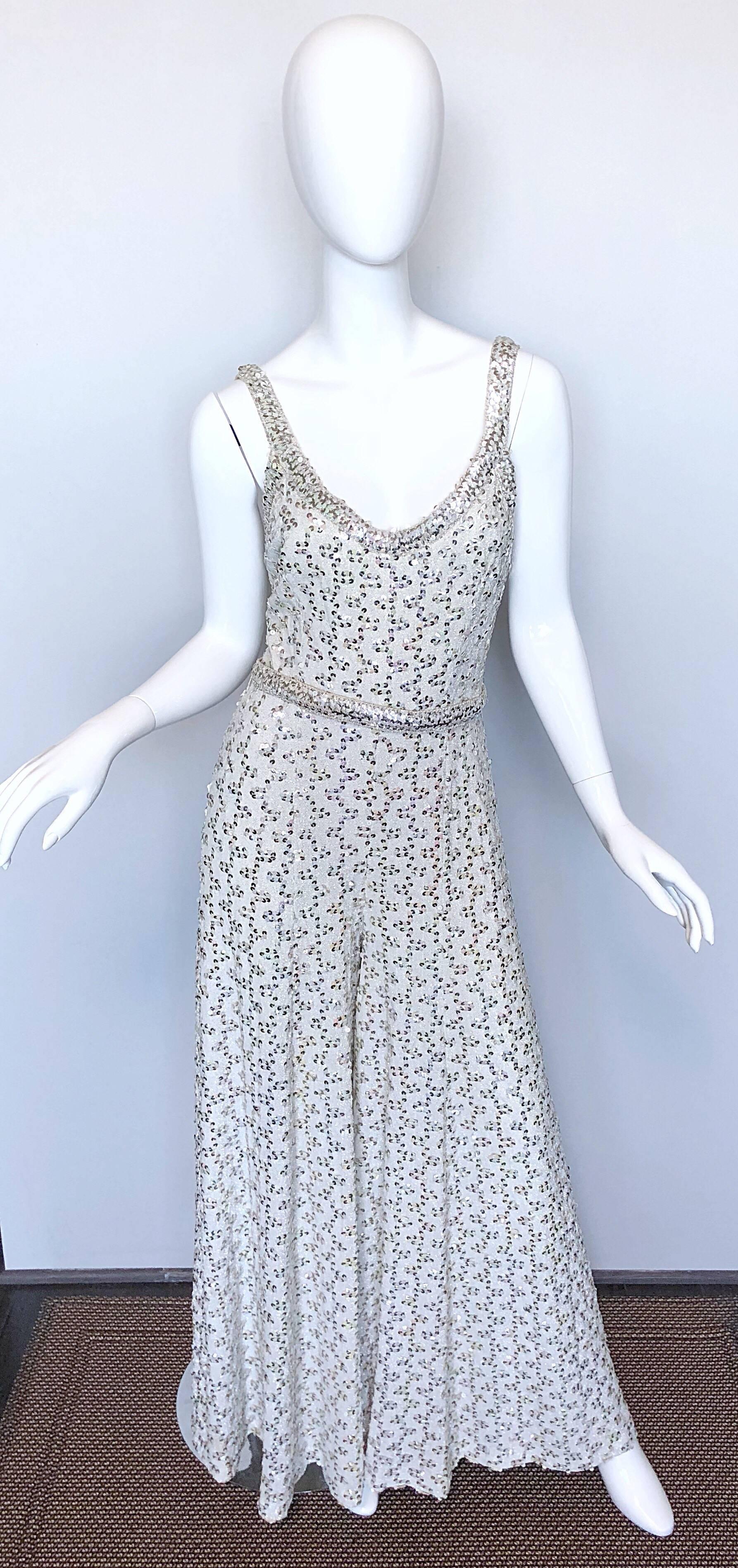 Vintage Lilli Diamond 1970er Jahre Silber Pailletten 70er Jahre erstaunlich Lurex Jumpsuit mit weitem Bein im Angebot 4