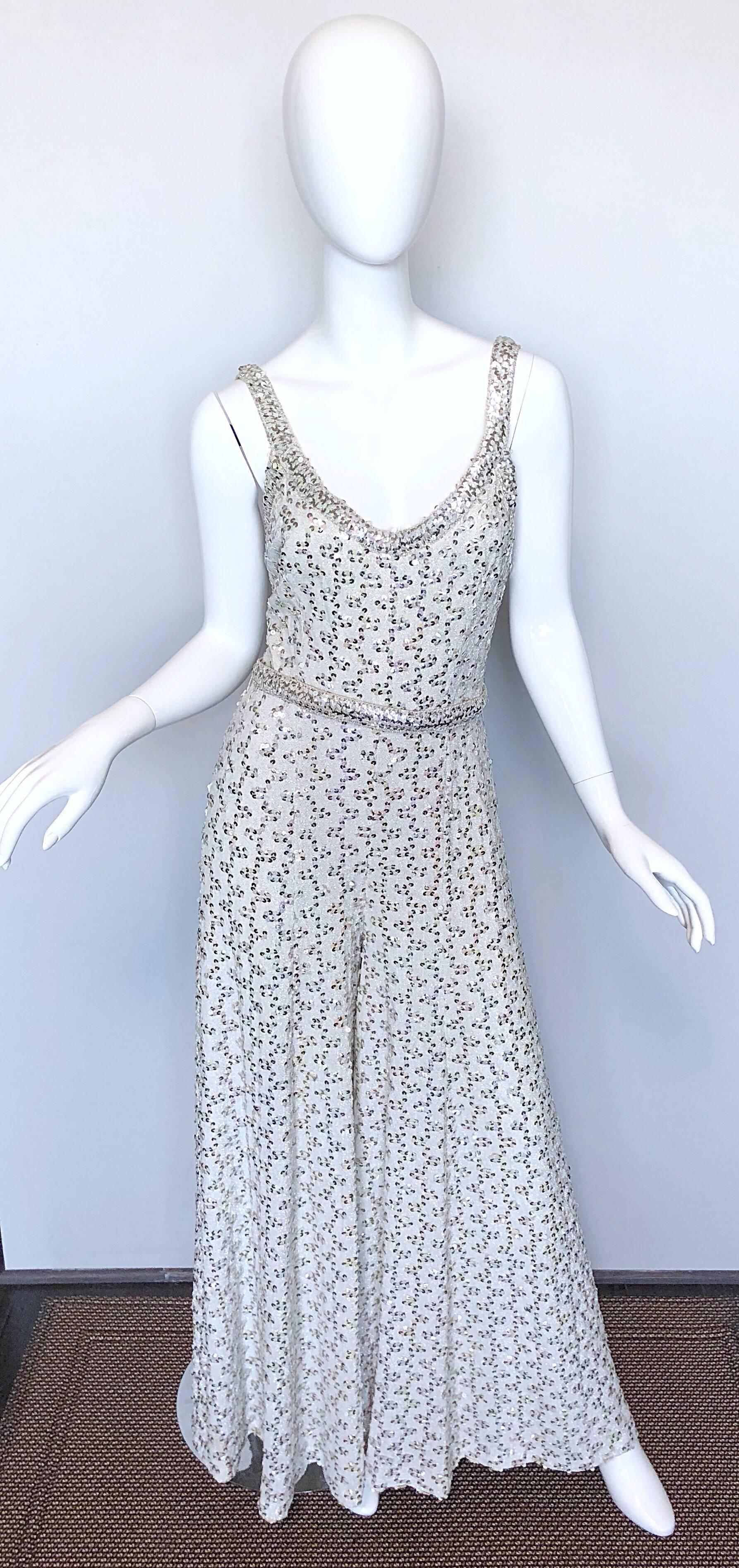 Vintage Lilli Diamond 1970s Silver Sequined 70s Amazing Lurex Wide Leg Jumpsuit For Sale 4