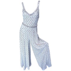 Magnifique combinaison vintage Lilli Diamond à paillettes argentées et larges jambes en lurex, années 70